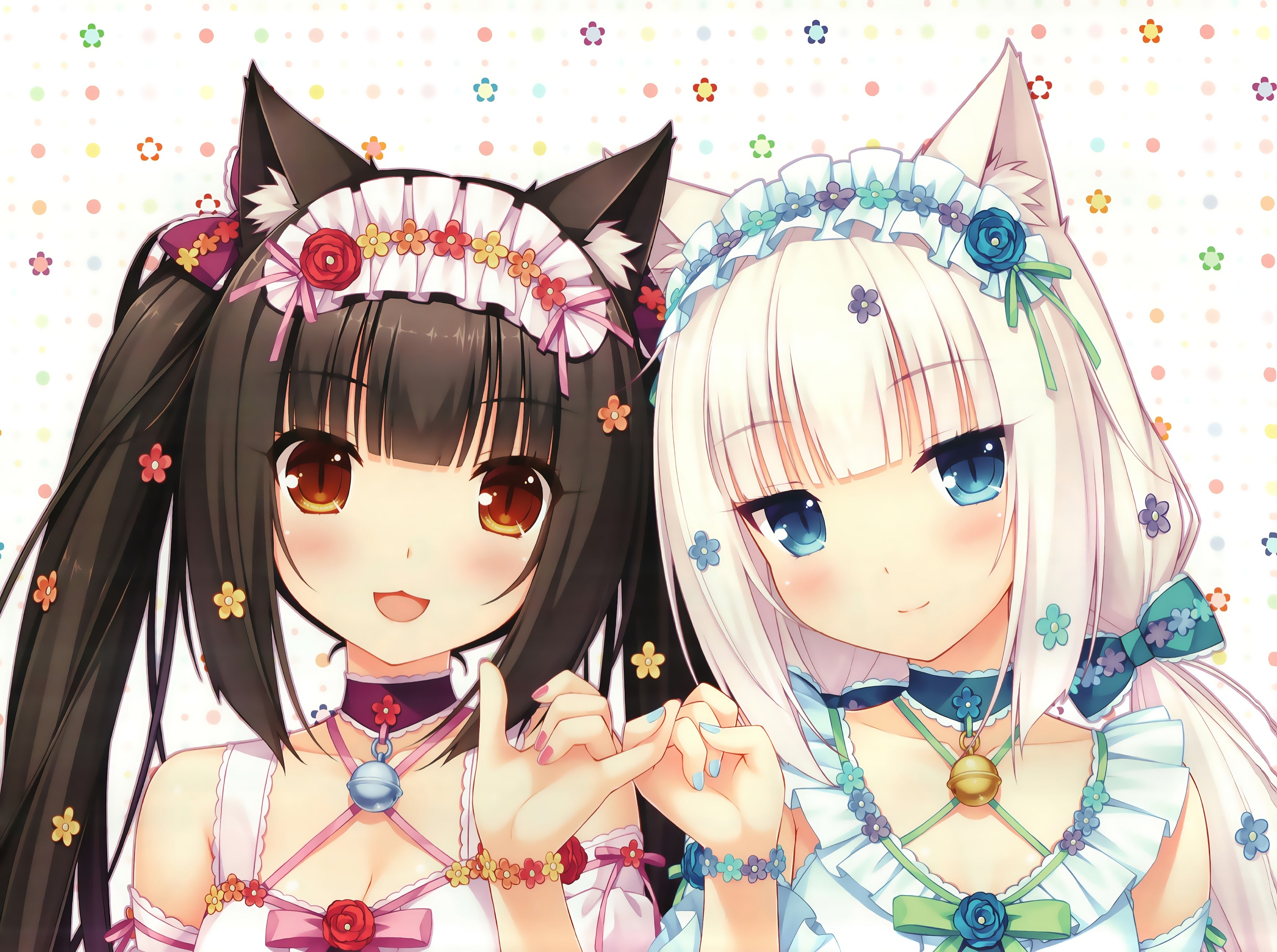 bell, anime, flowers, 2K, Neko Para, choker, anime girls, Chocolat (Neko Para), brown eyes, brunette, Vanilla (Neko Para), blue eyes, animal ears, headdress, HD Wallpaper