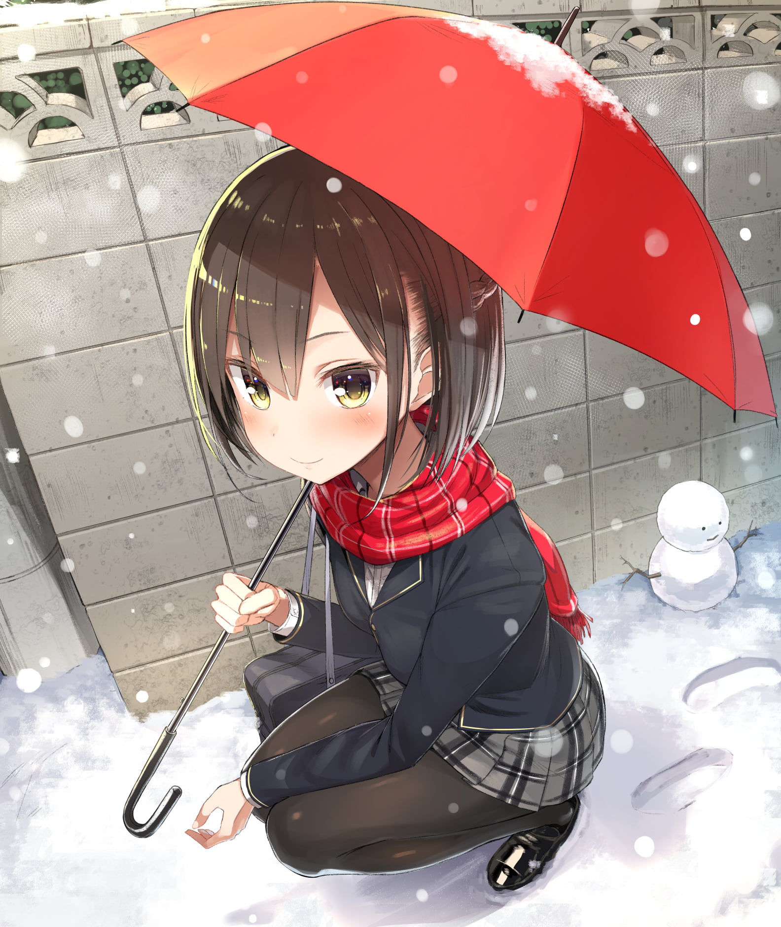 digital art, snowing, 2D, brunette, artwork, snow, pantyhose, portrait display, Mosu_G, anime, snowmen, women, winter, 720P, drawing, school uniform, umbrella, Phone HD Wallpaper