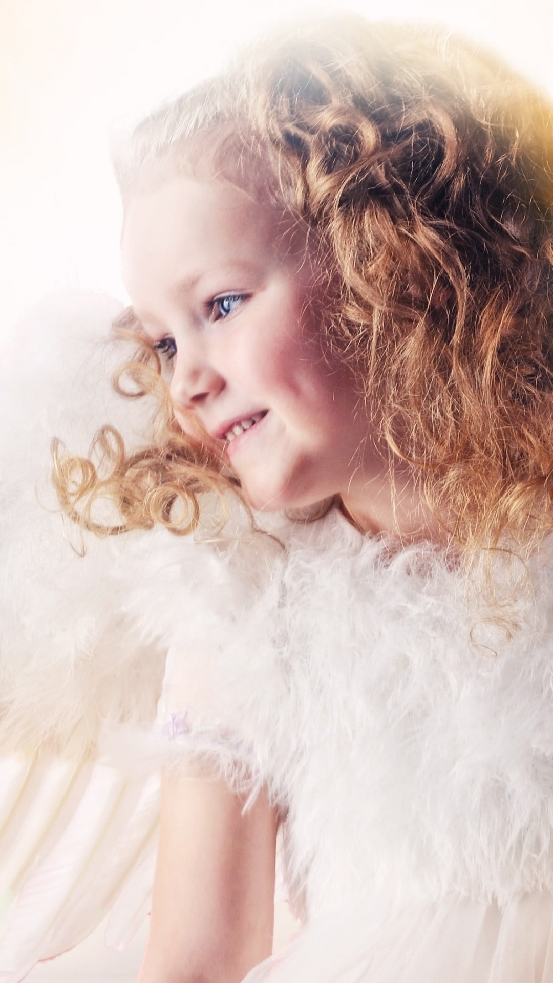 innocence, happiness, contemplation, childhood, angel, lace, preschool student, Baby, portrait, blond hair, 1080P, curly hair, softness, girl, hairstyle, Phone HD Wallpaper