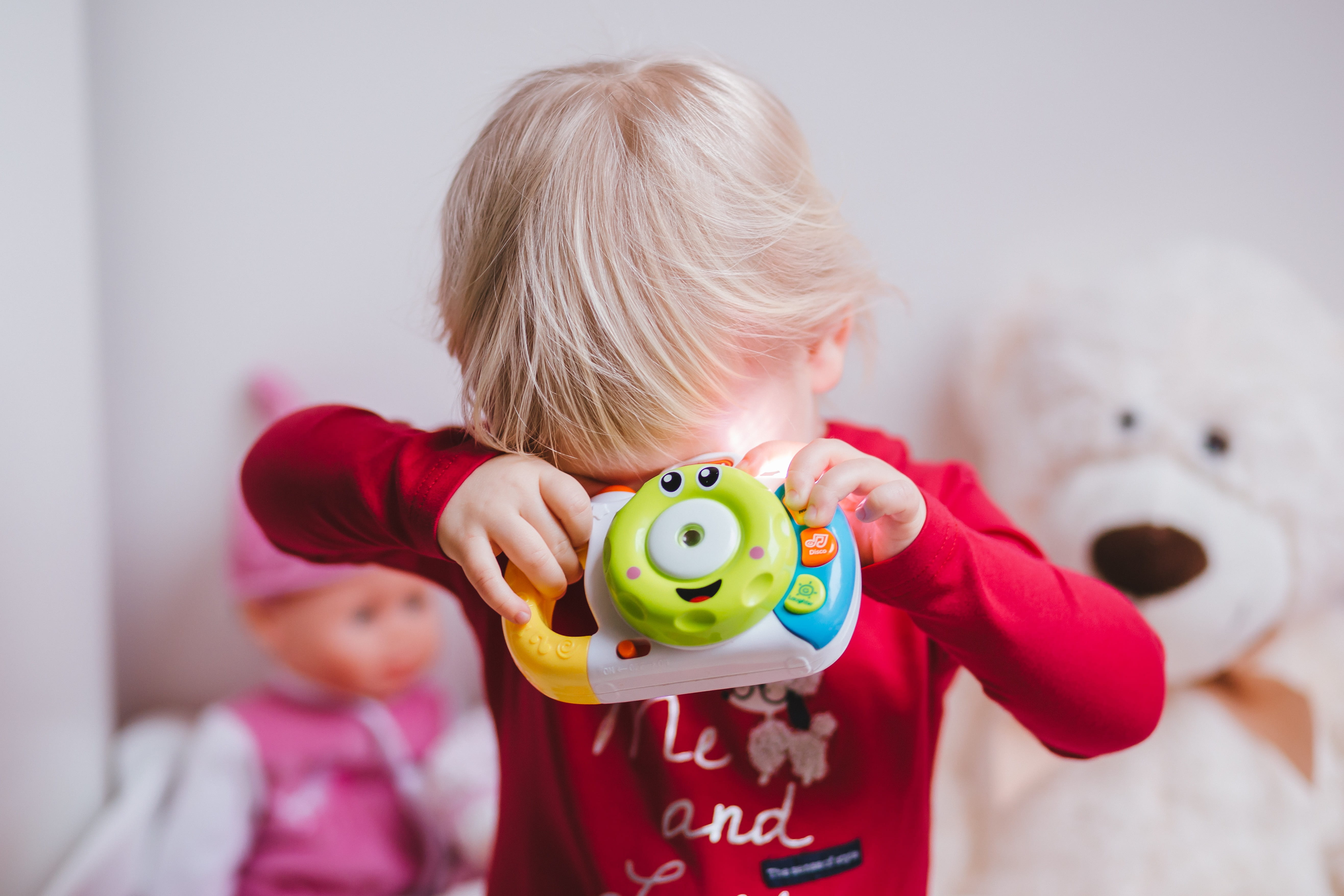 girl, child, playing, covering, color, preschool student, baby, offspring, young, eyes, little, males, photo, plastic, camera, toy, boy, men, blond hair, HD Wallpaper