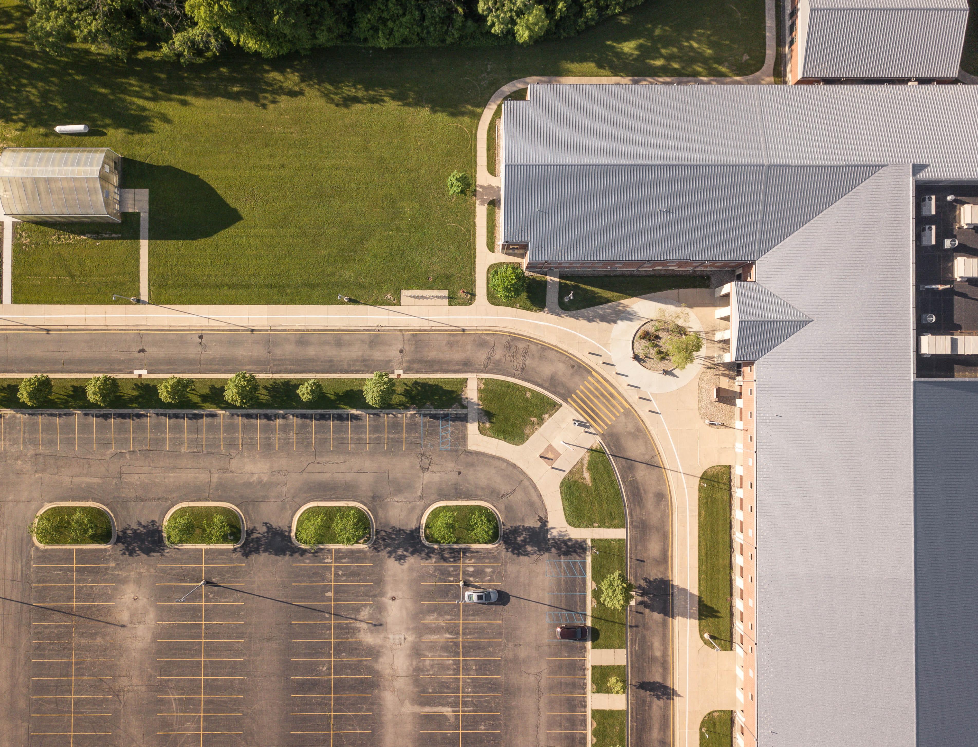 tree, history, university, growth, building, architecture, 2K, shadow, trees, no people, water, car park, aerial view, architectural column, tourism, school, HD Wallpaper