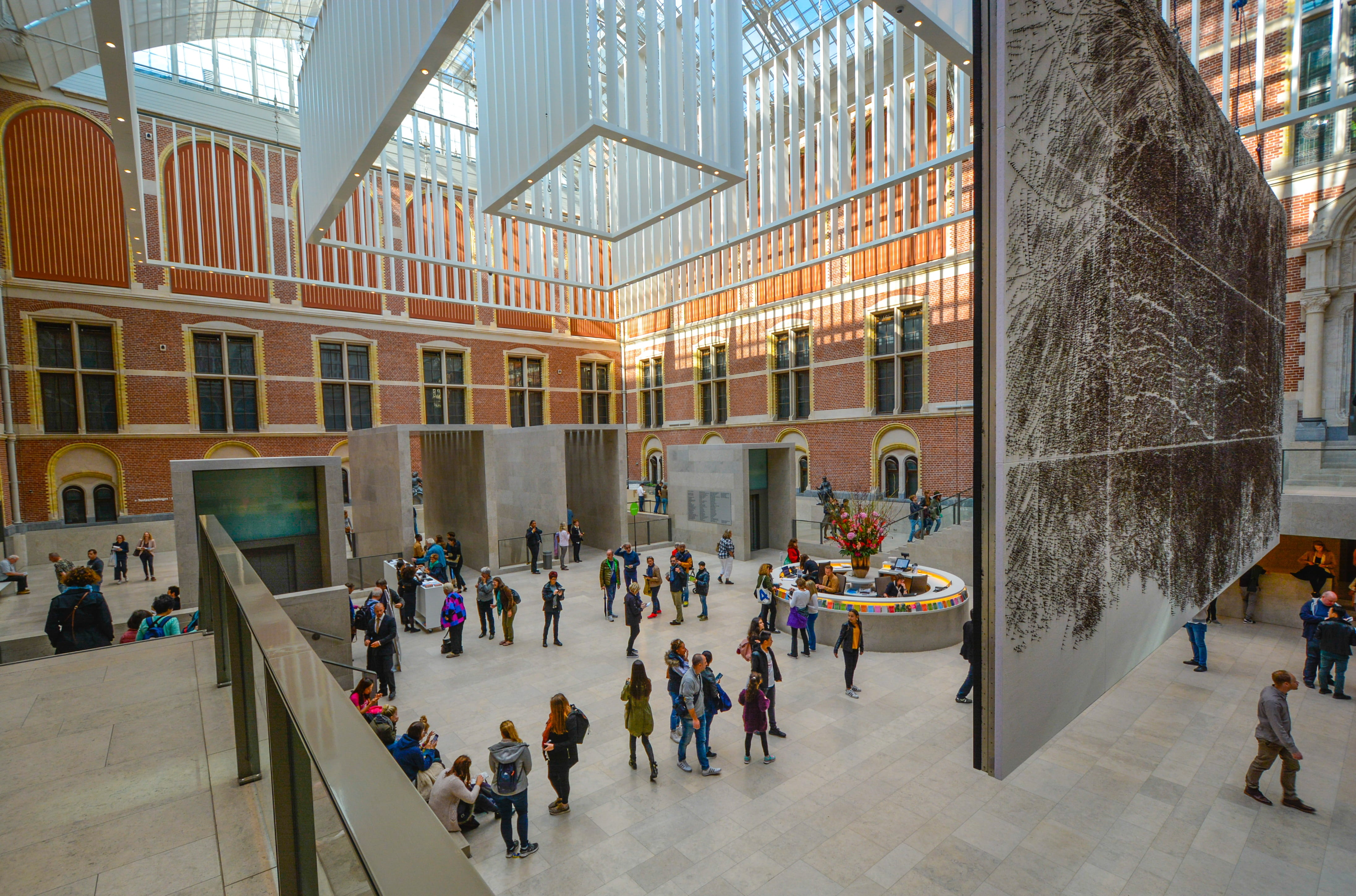 Netherlands, high angle view, women, walking, modern, ceiling, Amsterdam, architecture, crowd, men, large group of people, building, built structure, travel, HD Wallpaper