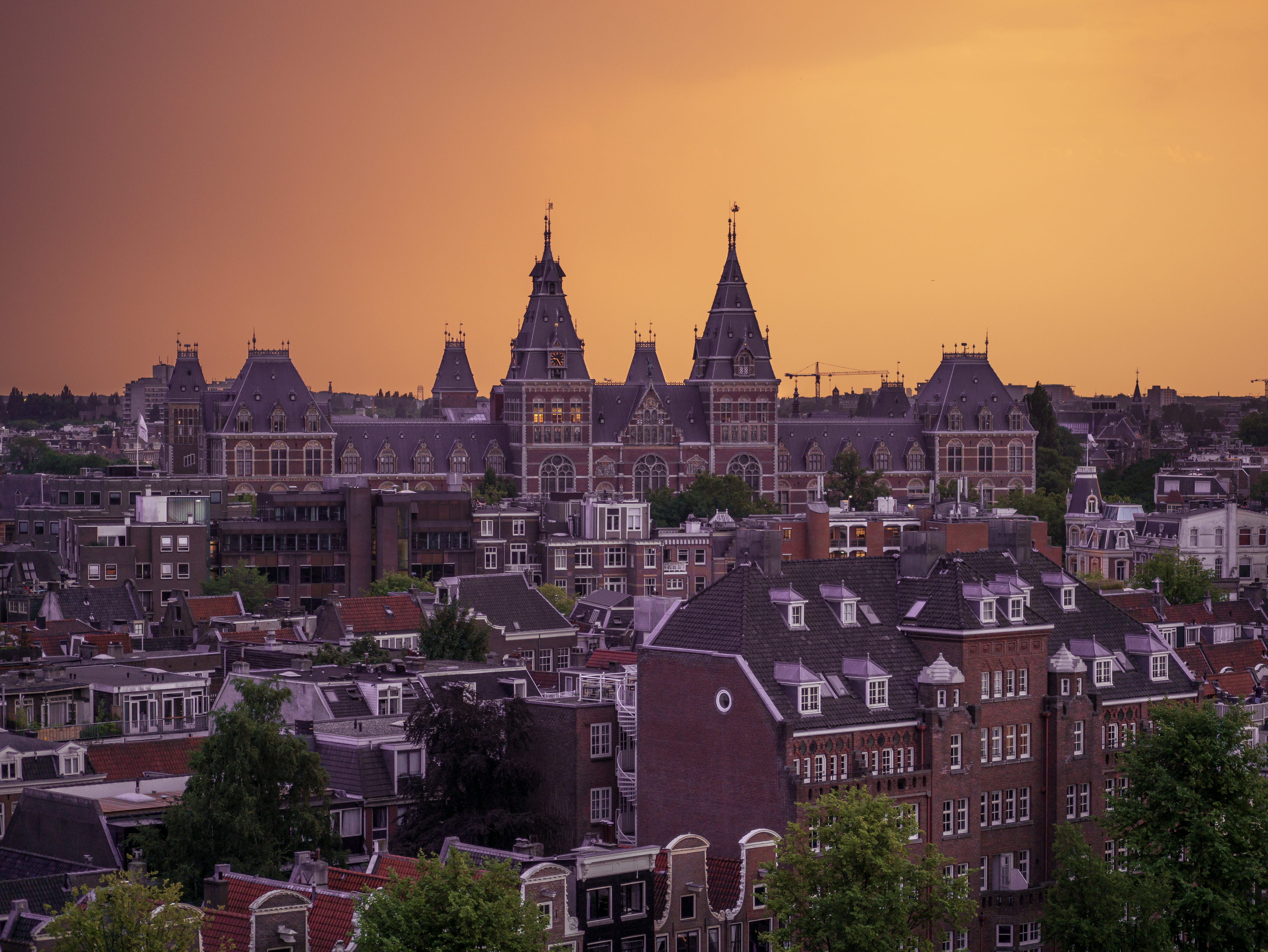 sunset, history, steeple, scenery, urban, outdoors, 4K, roof, rooftop, religion, spire, building, canal, building exterior, sky, residential district, HD Wallpaper