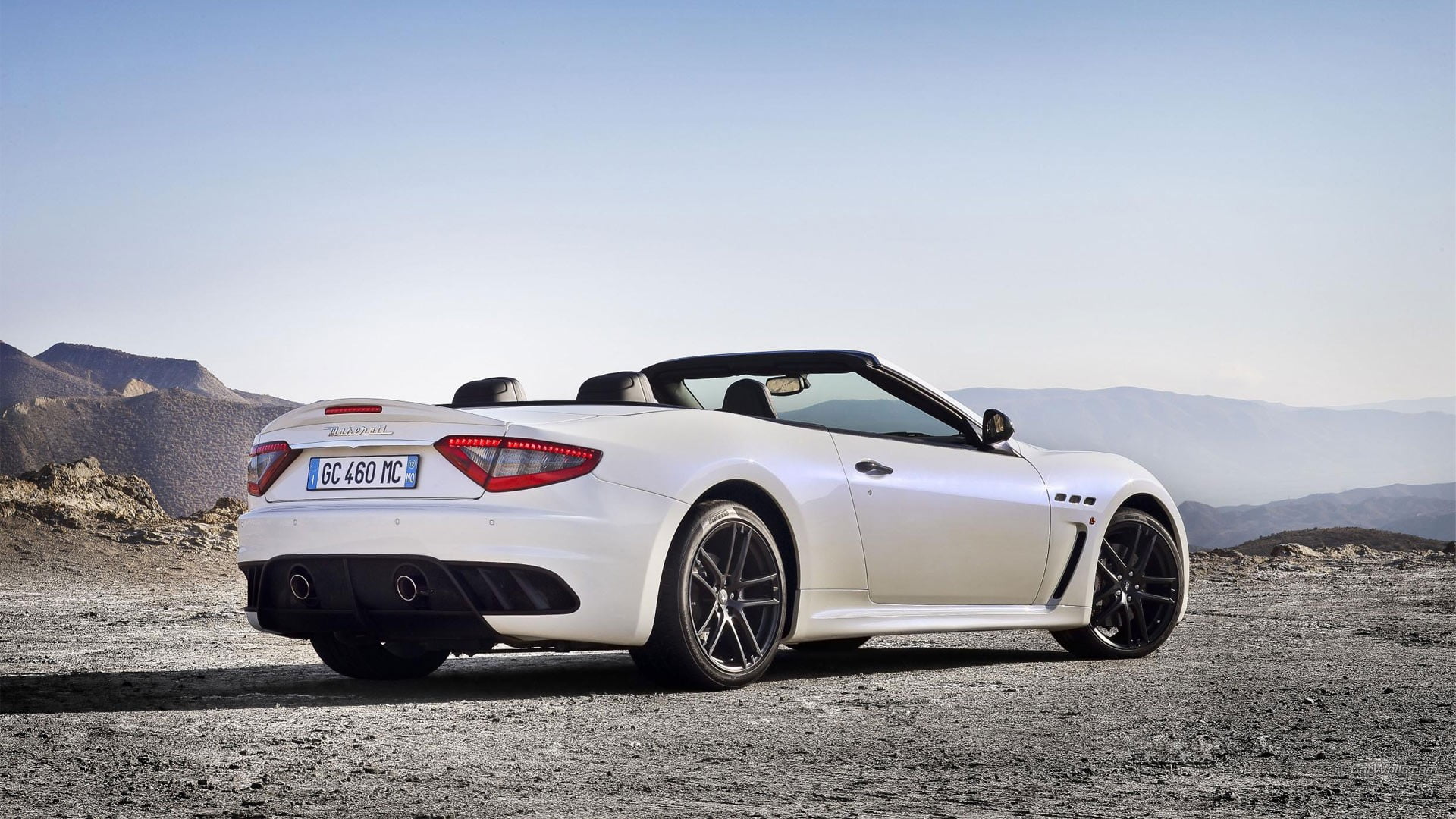 clear sky, sunlight, motor vehicle, luxury, white, wheel, mountain, land vehicle, Maserati GranCabrio, land, racecar, outdoors, day, copy space, car, environment, HD Wallpaper