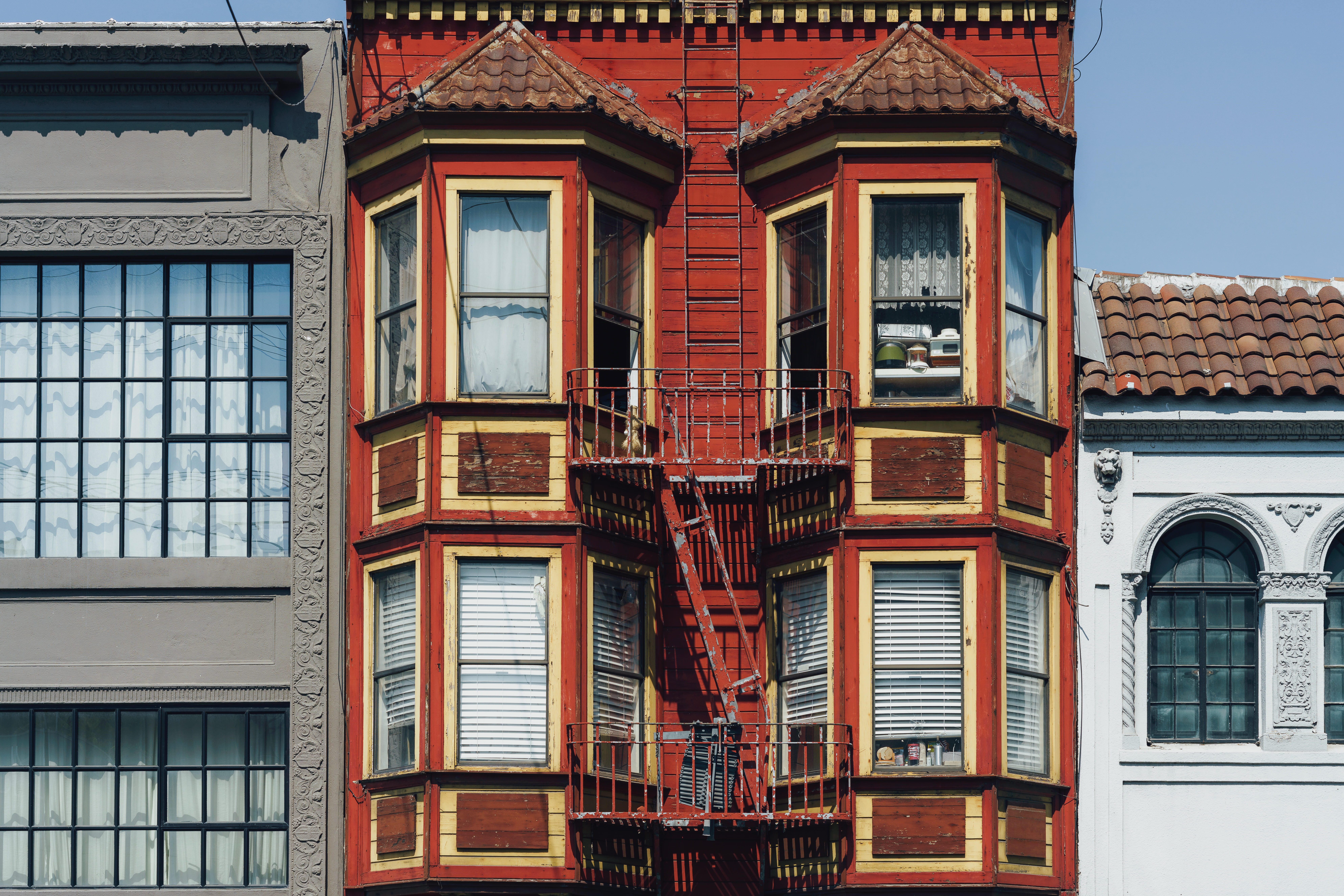 windowshade, glass, building, facade, beaten down, building exterior, street, sunlight, roof tile, apartment, outdoors, ladder, old, red, history, window, HD Wallpaper