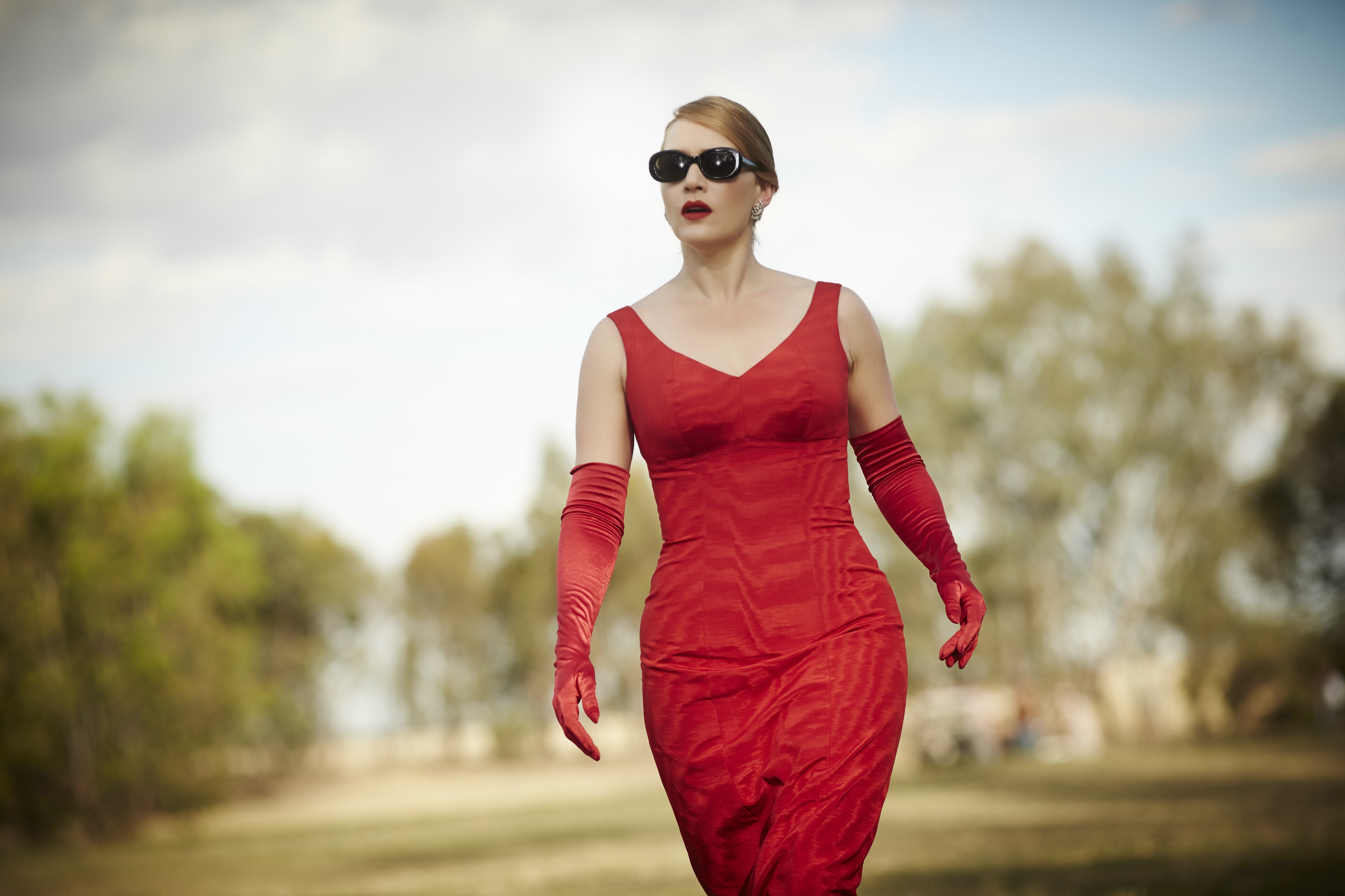 casual clothing, young adult, 5K, young women, real people, front view, red, Movies, the dressmaker, outdoors, lifestyles, red dress, women, sunglasses, HD Wallpaper