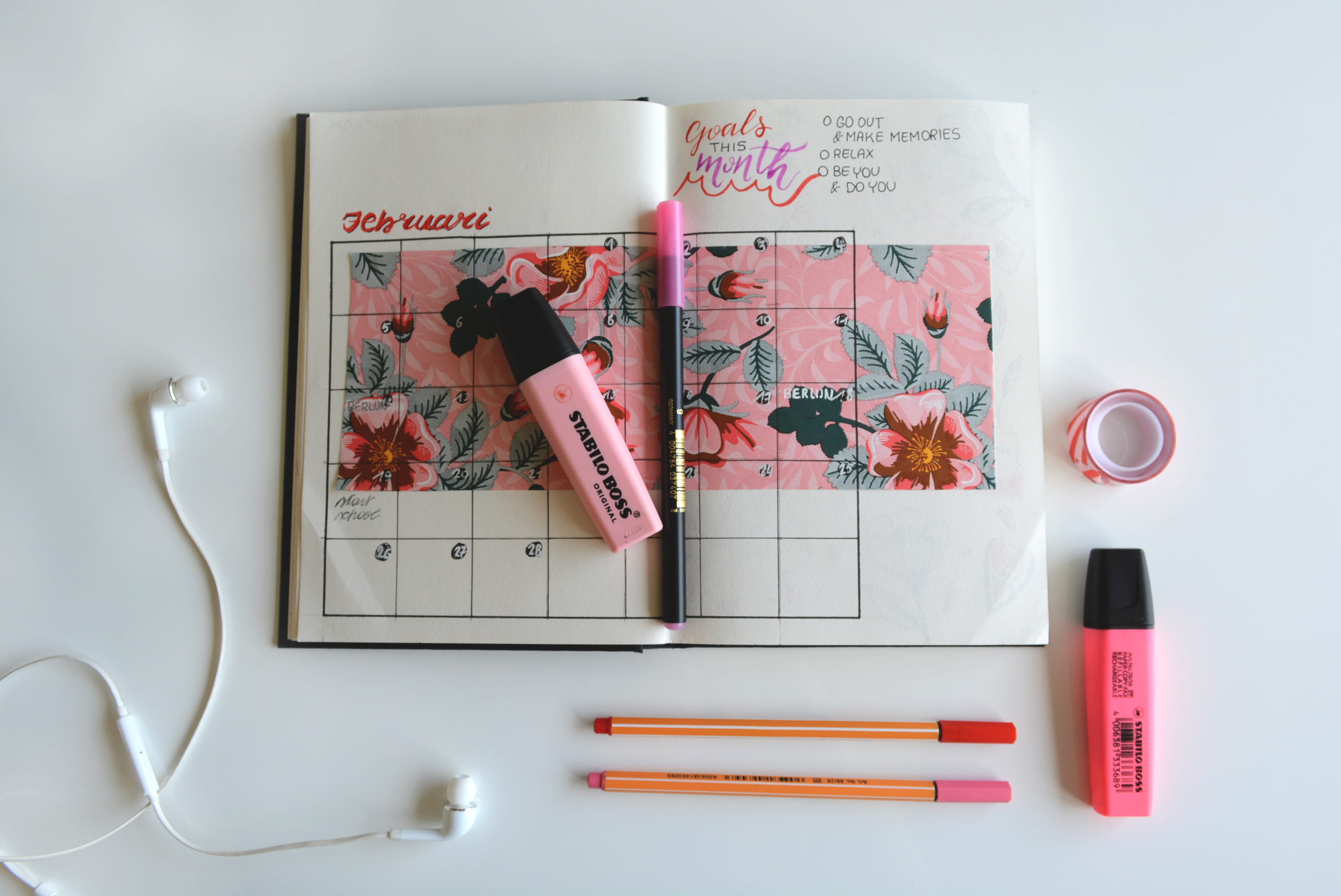 studio shot, crayon, pink, flowers, close-up, 2K, two, pen, directly above, calendar, still life, pencil, book, writing instrument, paper, highlighters, HD Wallpaper