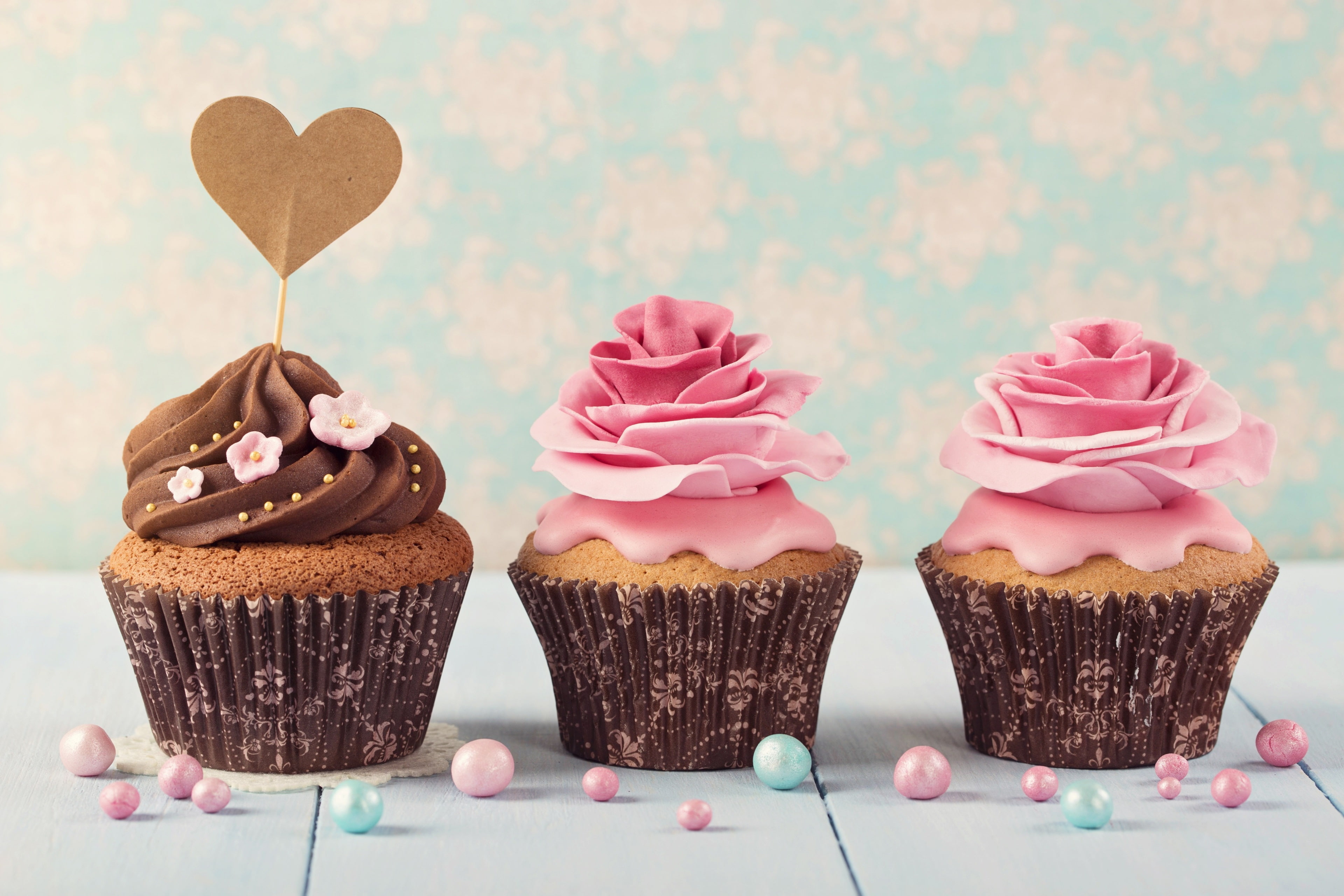 baked, food and drink, temptation, still life, icing, freshness, positive emotion, pink color, heart shape, no people, close-up, dessert, cupcake, indoors, HD Wallpaper