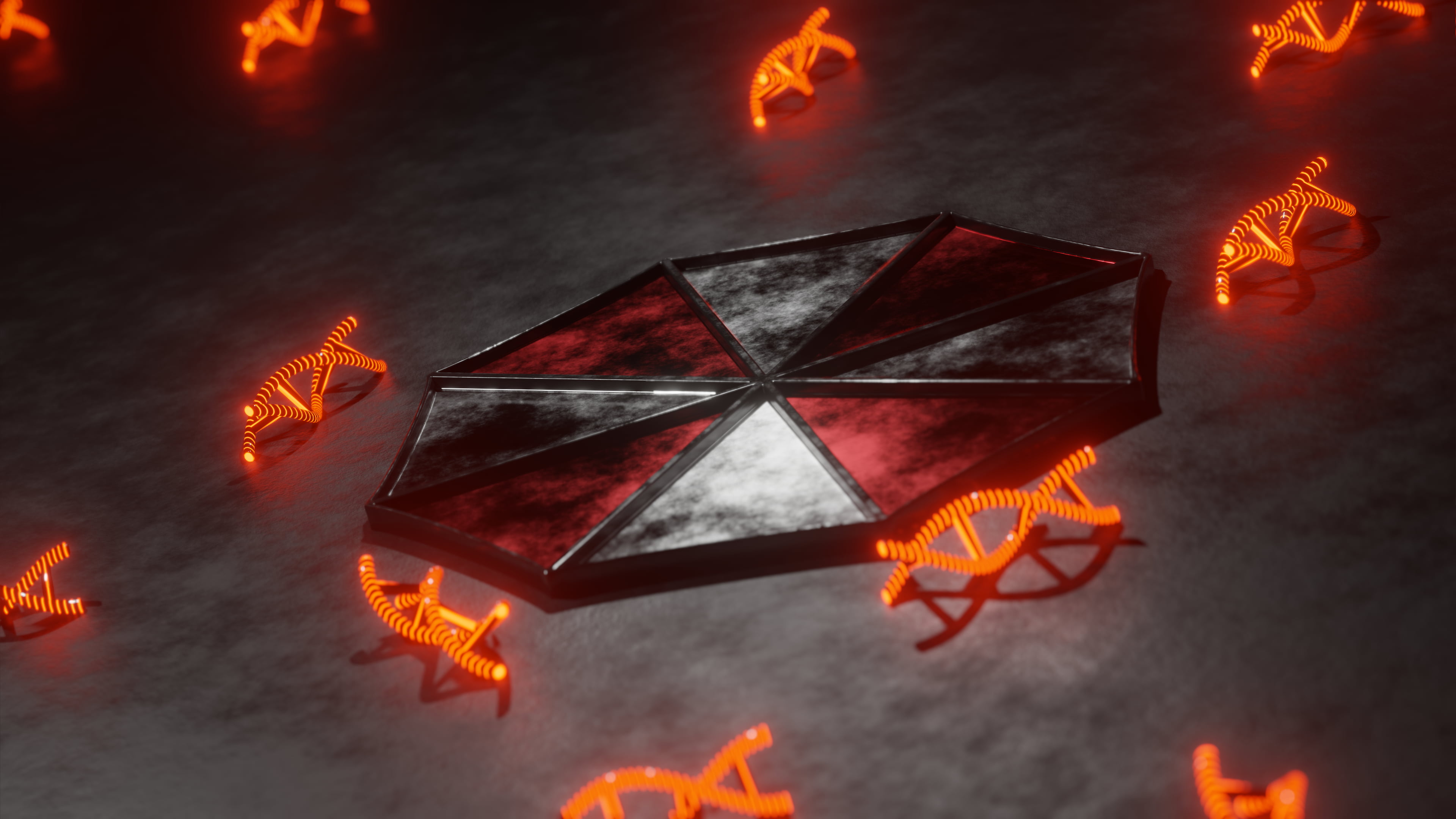 Umbrella Corporation, 4K, metal, Virus, glowing, DNA, viruses, Resident Evil, lights, video game art, 3D, digital, HD Wallpaper