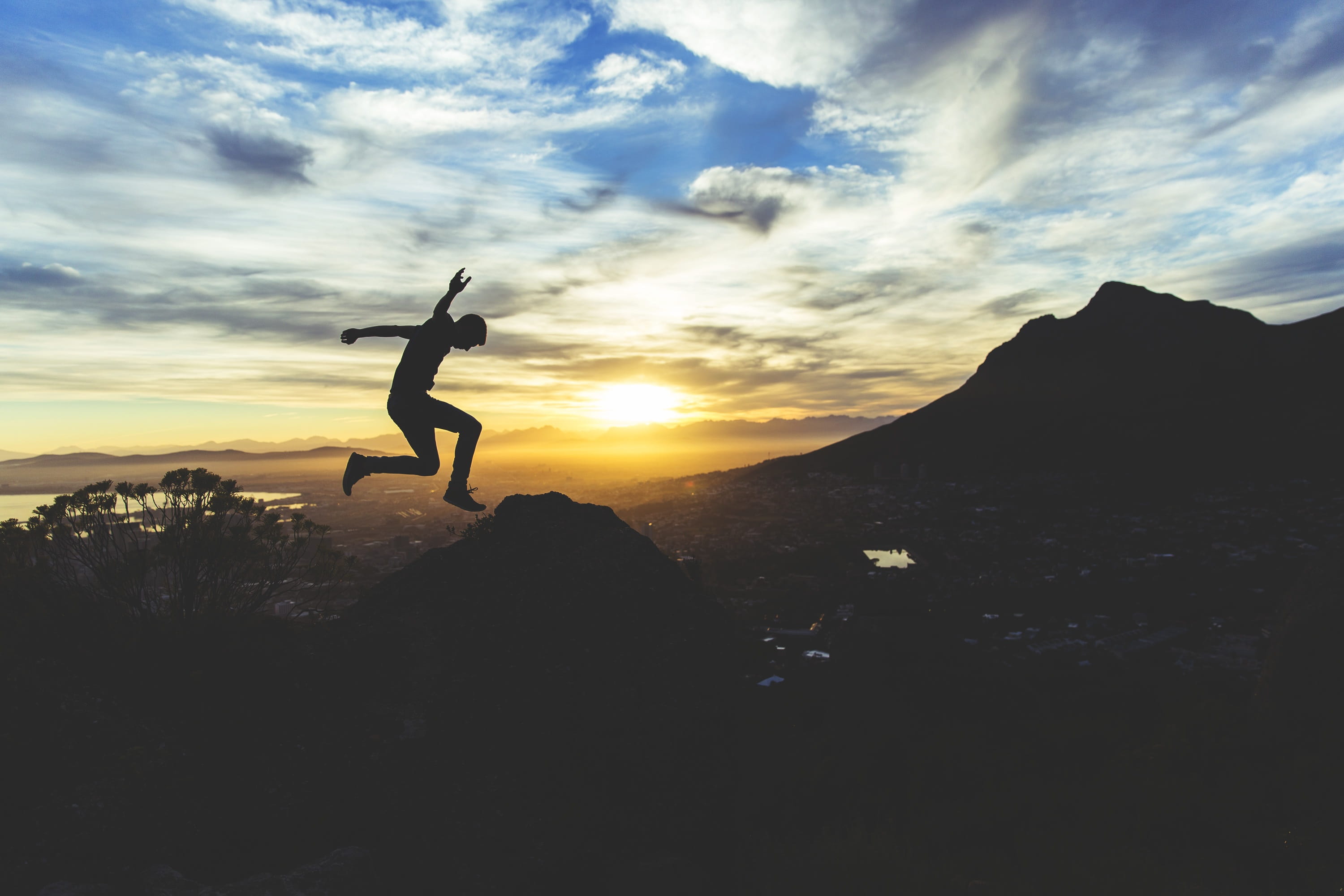 scenics - nature, lifestyles, mountain, 2K, sunlight, happy, cloud - sky, standing, landscape, tranquil scene, sky, alone, vitality, dark, jumping, outdoors, HD Wallpaper