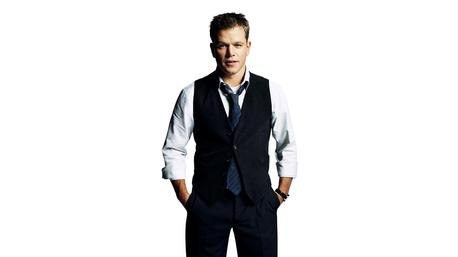 vest, pants, white background, shirt, 1080P, photoshoot, Matt Damon, tie, actor, costume, HD Wallpaper