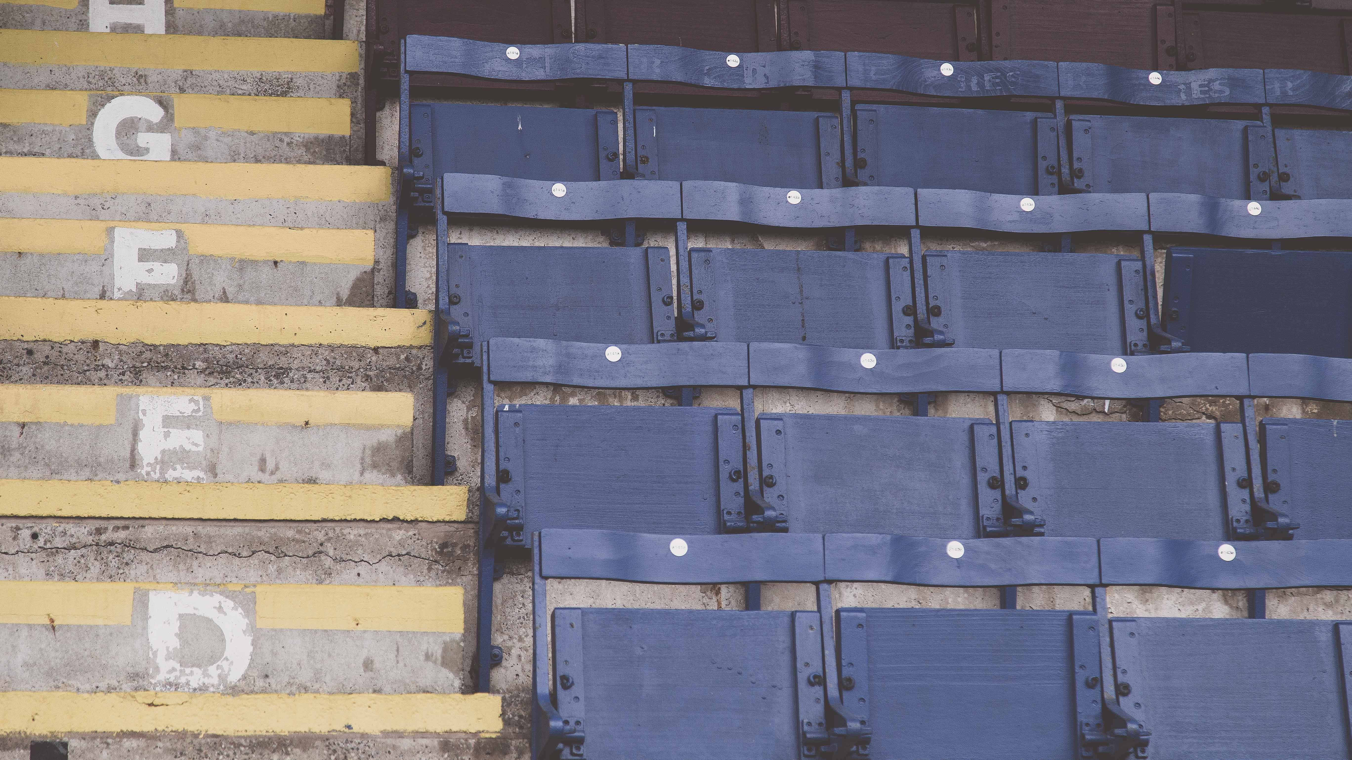 wood - material, wall - building feature, chairs, in a row, blue, pattern, seat, benches, outdoors, black, container, seating, stadium, 5K, close-up, empty, HD Wallpaper