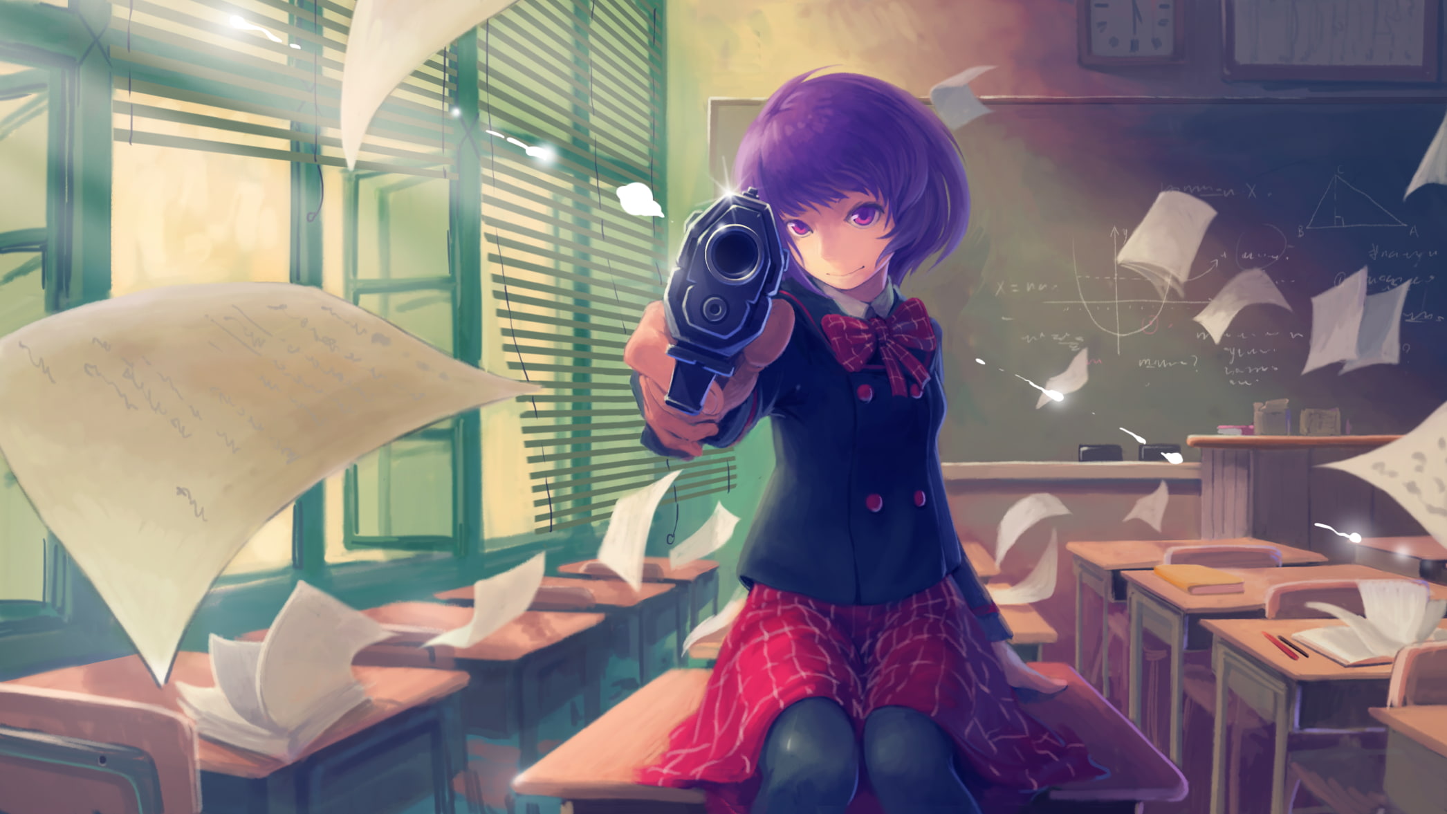 pistol, Japan, classes, 1080P, anime girls, anime, school uniform, HD Wallpaper