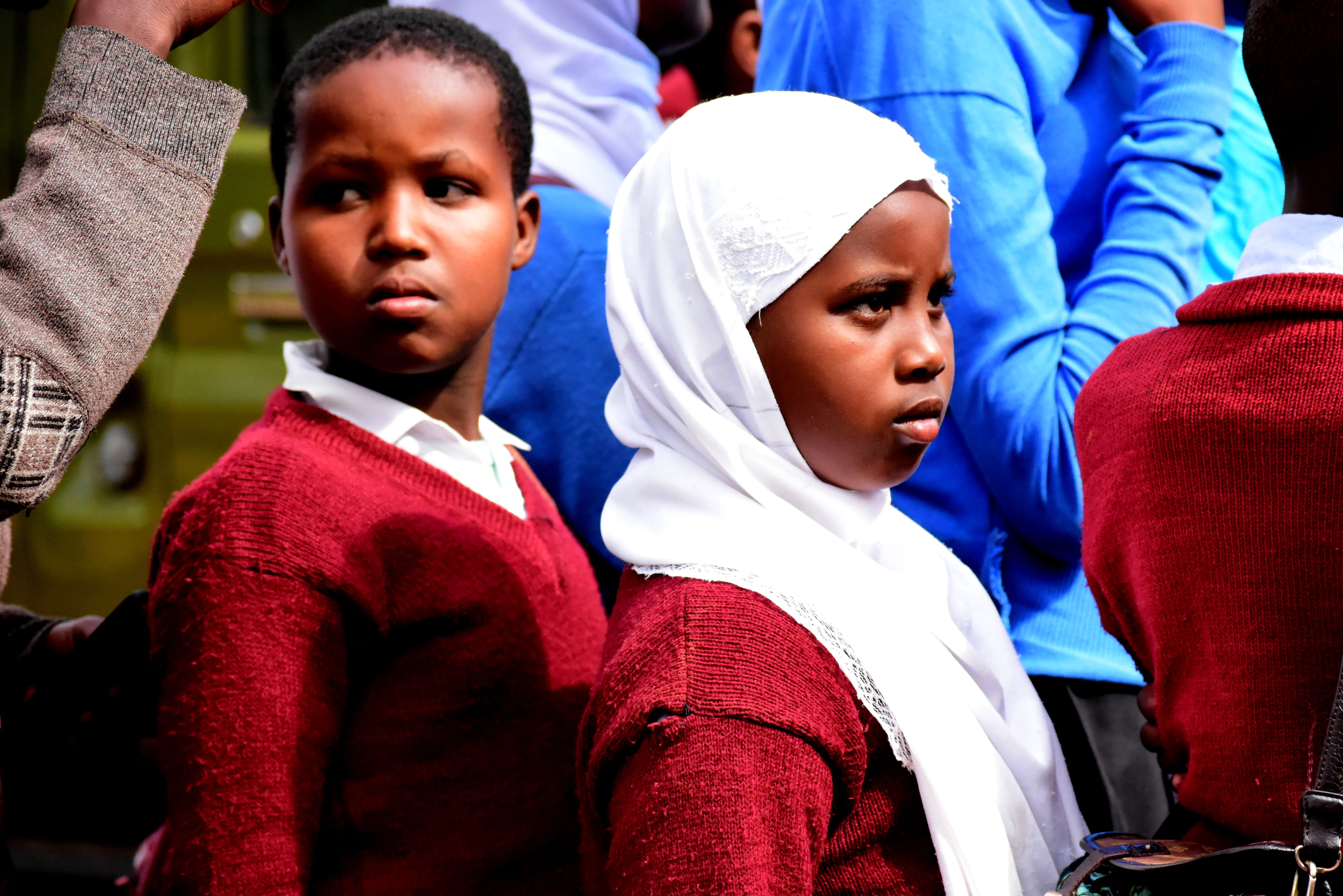 sweaters, people, females, pre-adolescent child, students, 4K, offspring, headshot, tanzania, classmate, men, education, looking, boys, togetherness, blue, HD Wallpaper