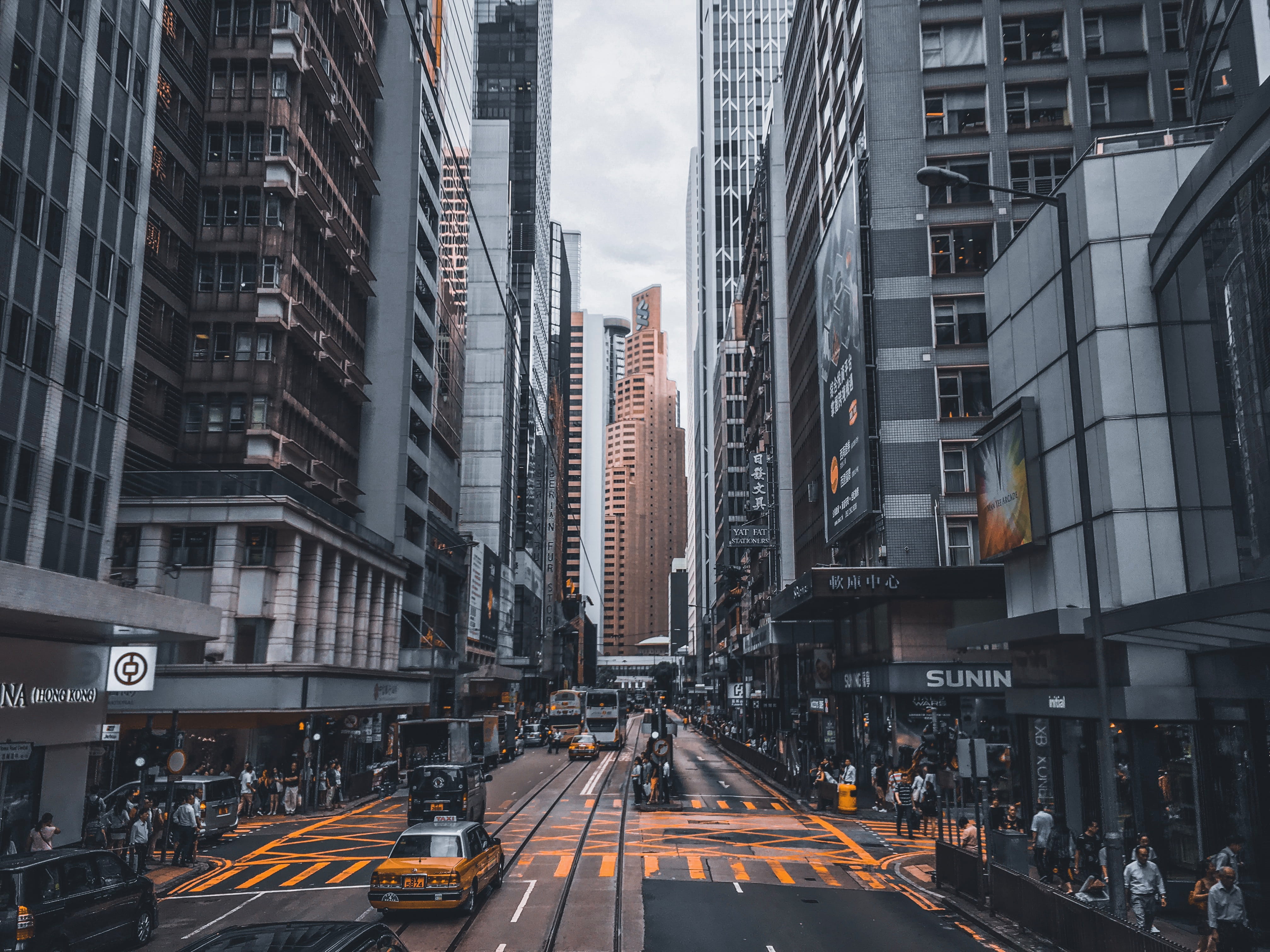 sign, photography, track, daily life, architecture, hong kong, selective, city, skyscraper, road, office building exterior, pedestrian, motor vehicle, modern design, HD Wallpaper