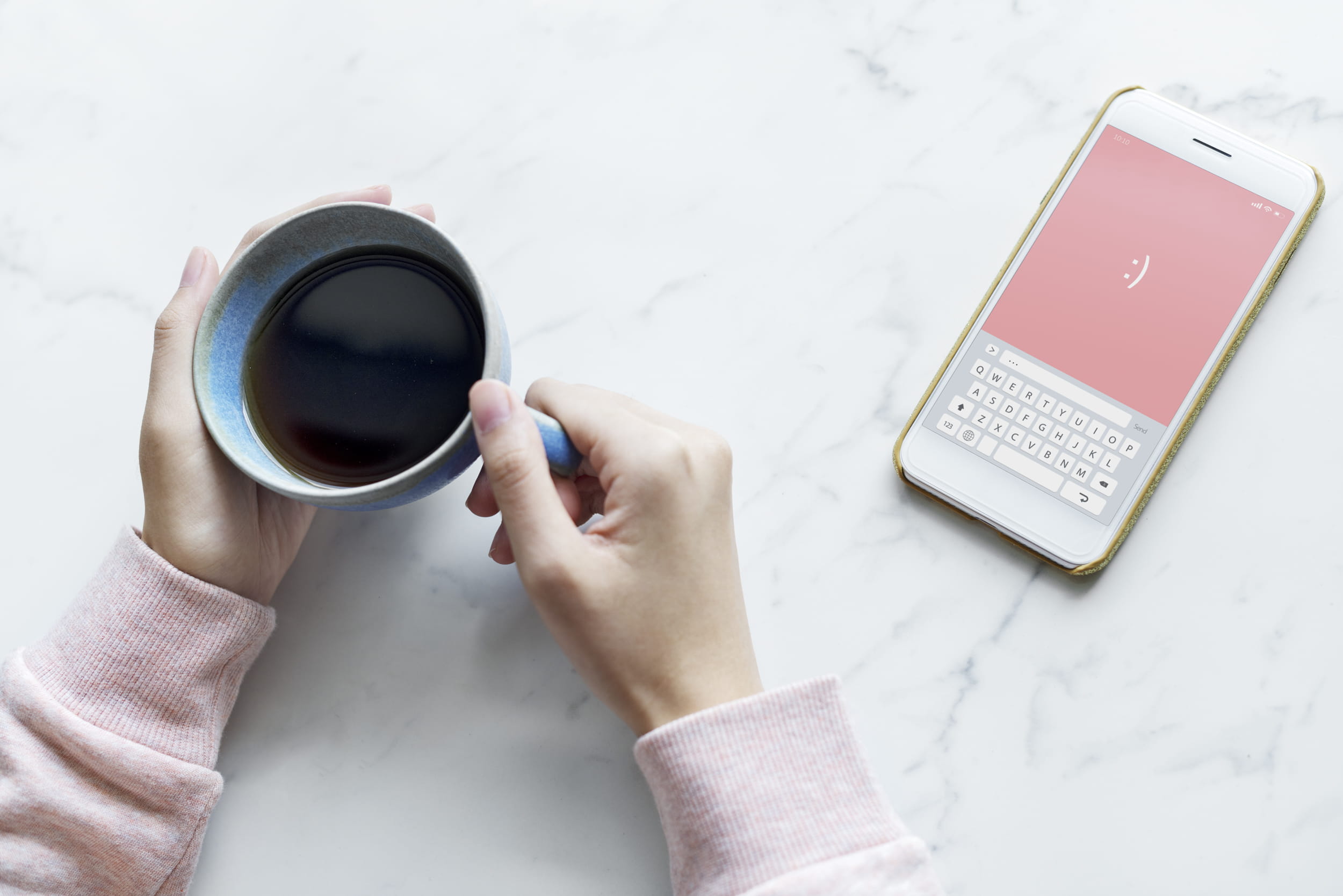 phone, serene, relax, cellphone, coffee - drink, communication, cup, hands, so, mug, technology, high angle view, one person, girly, person, food and drink, HD Wallpaper