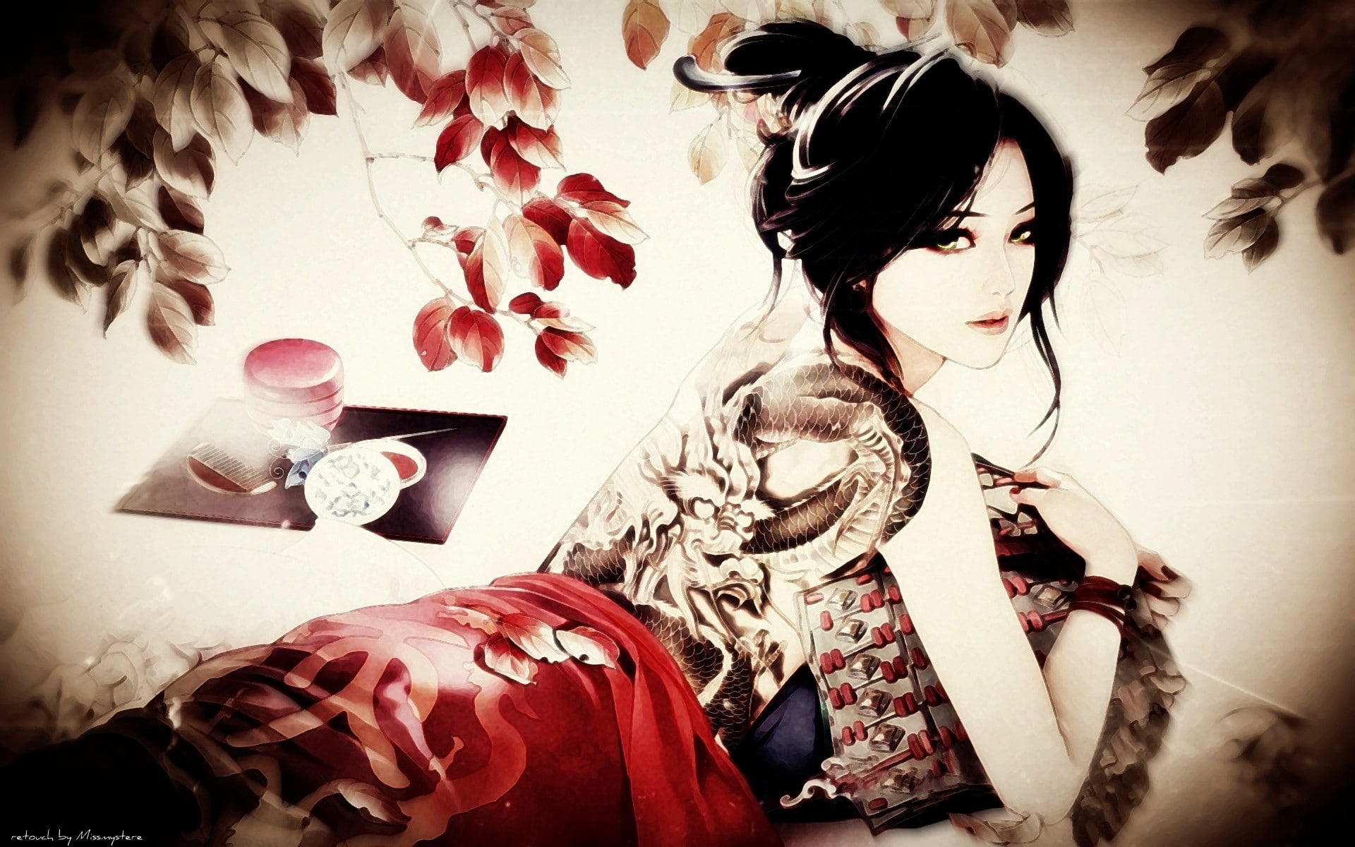 art, hd, japanese, lips, tattoos, tattoo, realistic, short, 1080P, hair, lying, green, dragons, leaves, dragon, eyes, women, HD Wallpaper