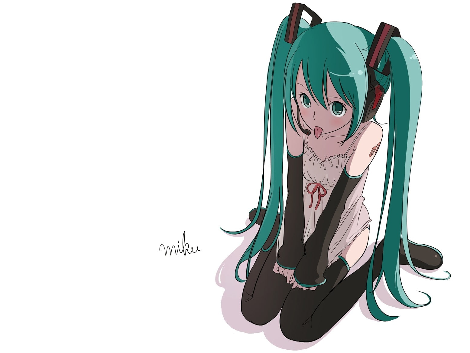 eyes, headset, headphones, tongue, thigh, girl, tattoos, h, long, hd, vocaloid, hatsune, 720P, green, miku, art, hair, HD Wallpaper