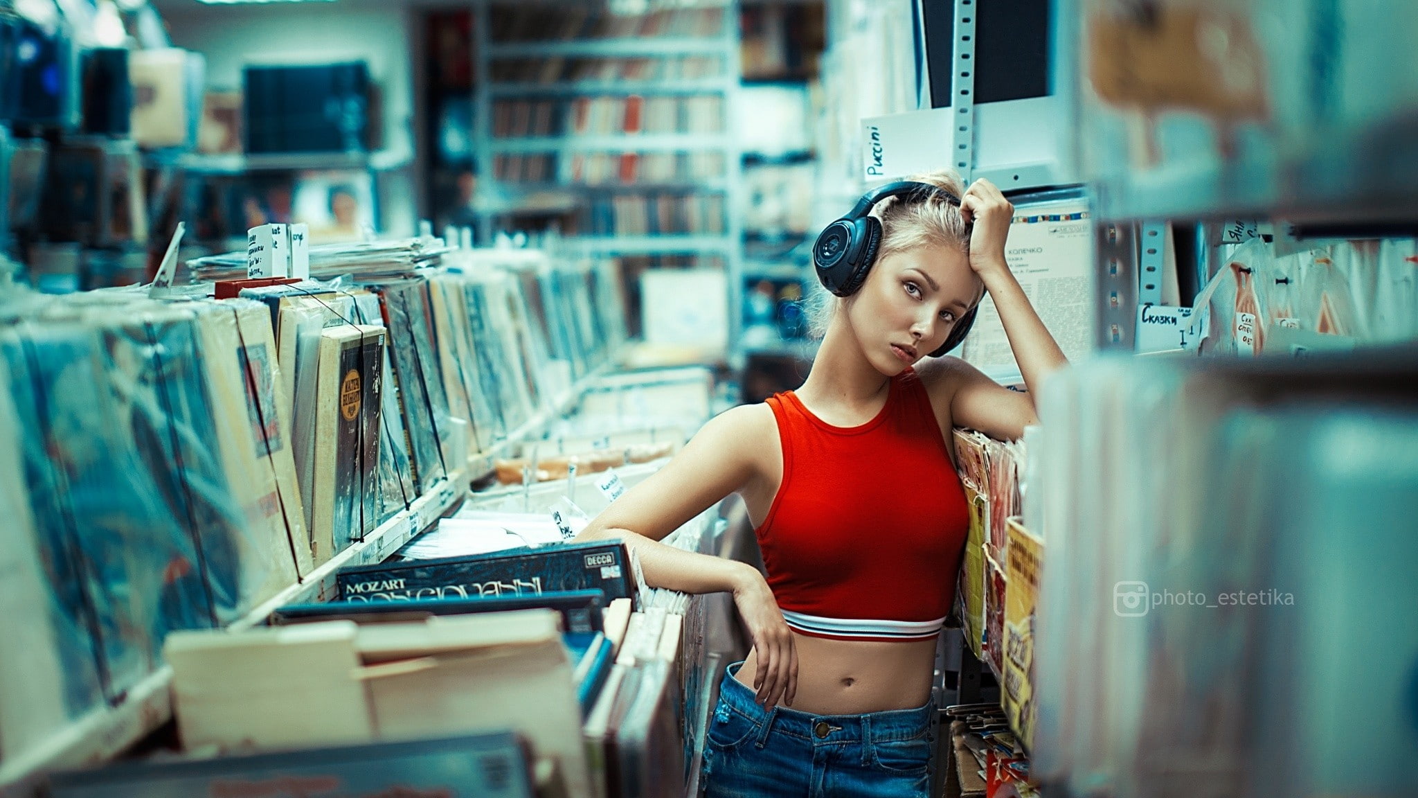 women, music shop, Elena Estetika, hands on head, audiobook, library, headphones, Alice Tarasenko, albums, belly, blonde, portrait, vinyl, 1080P, HD Wallpaper