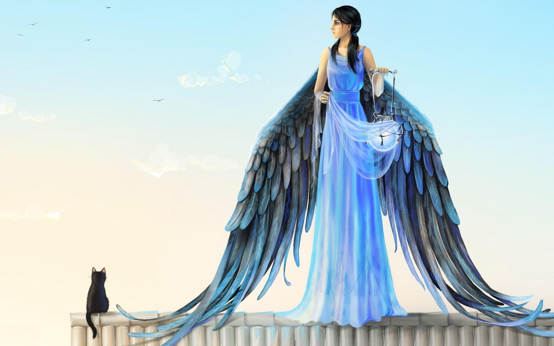 Cat, 1080P, Filomena, Joya, Dress, Angel, Blue, Design, Wings, Lantern, Art, HD Wallpaper