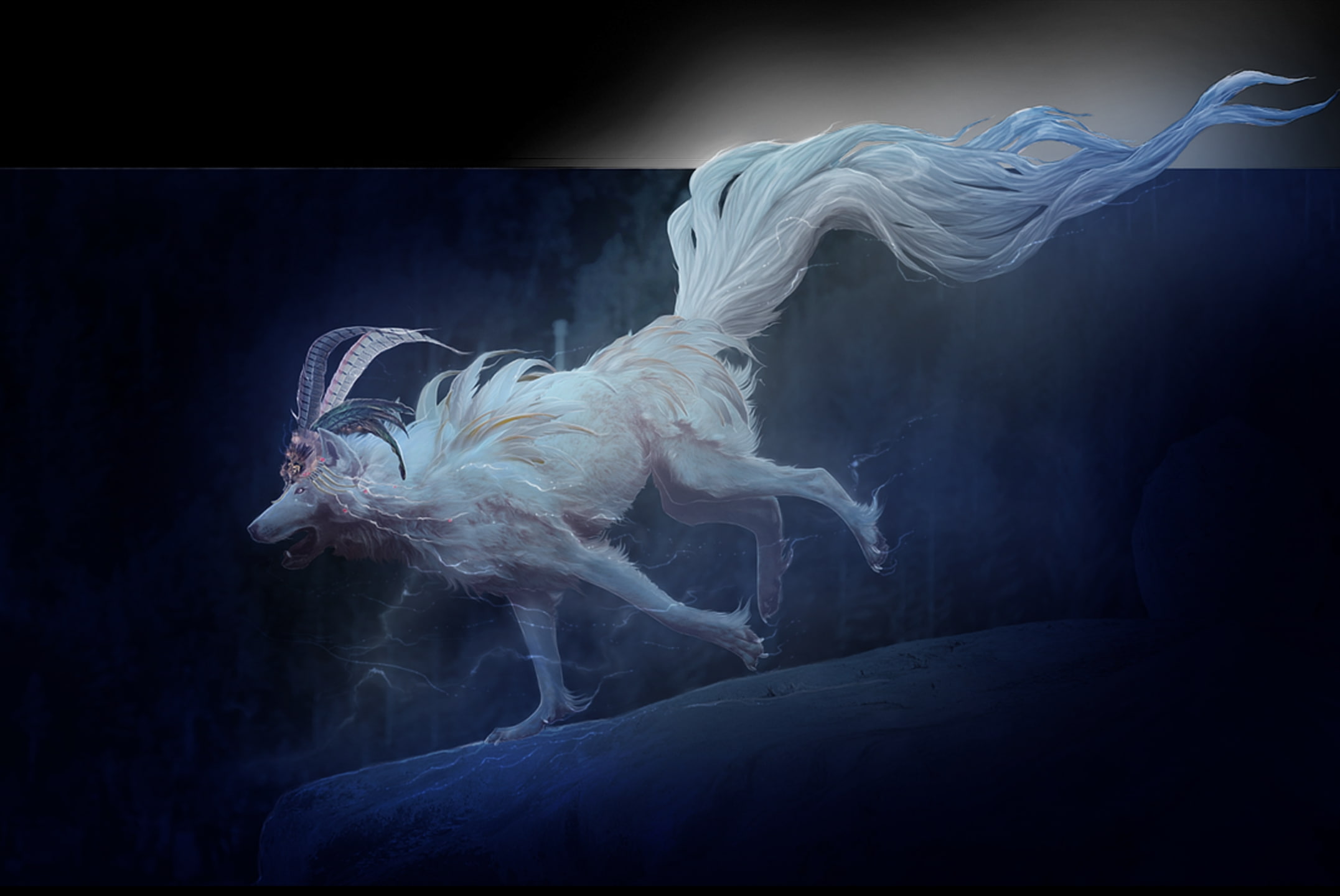 When I asked you to stay, luminos, feather, running, blue, wolf, fantasy, xxnamaste, white, animal, 1080P, HD Wallpaper
