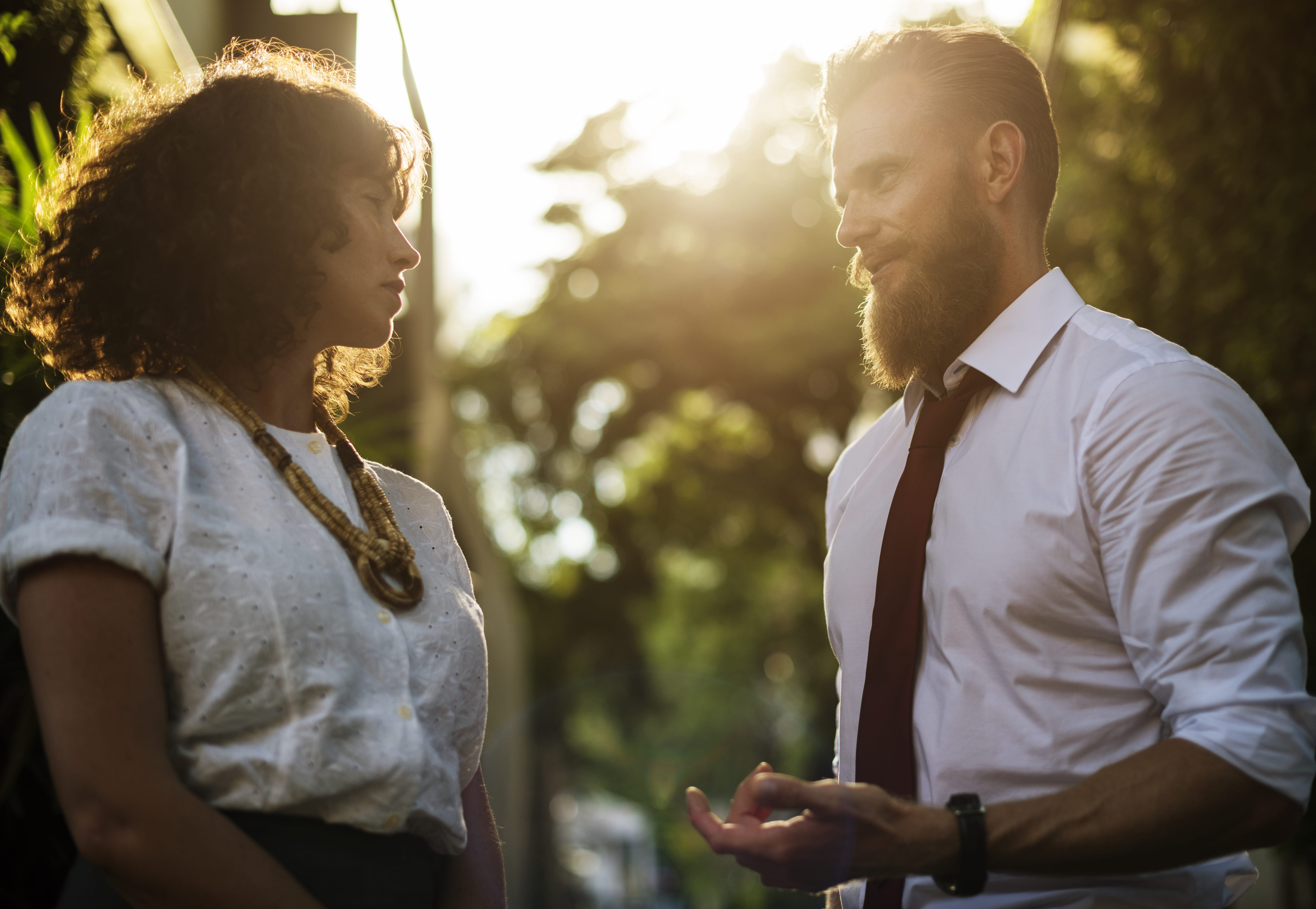 colleague, people, emotion, casual clothing, love, man, young men, sunny, blur, asking, real people, woman, facing, positive emotion, park, lens flare, HD Wallpaper