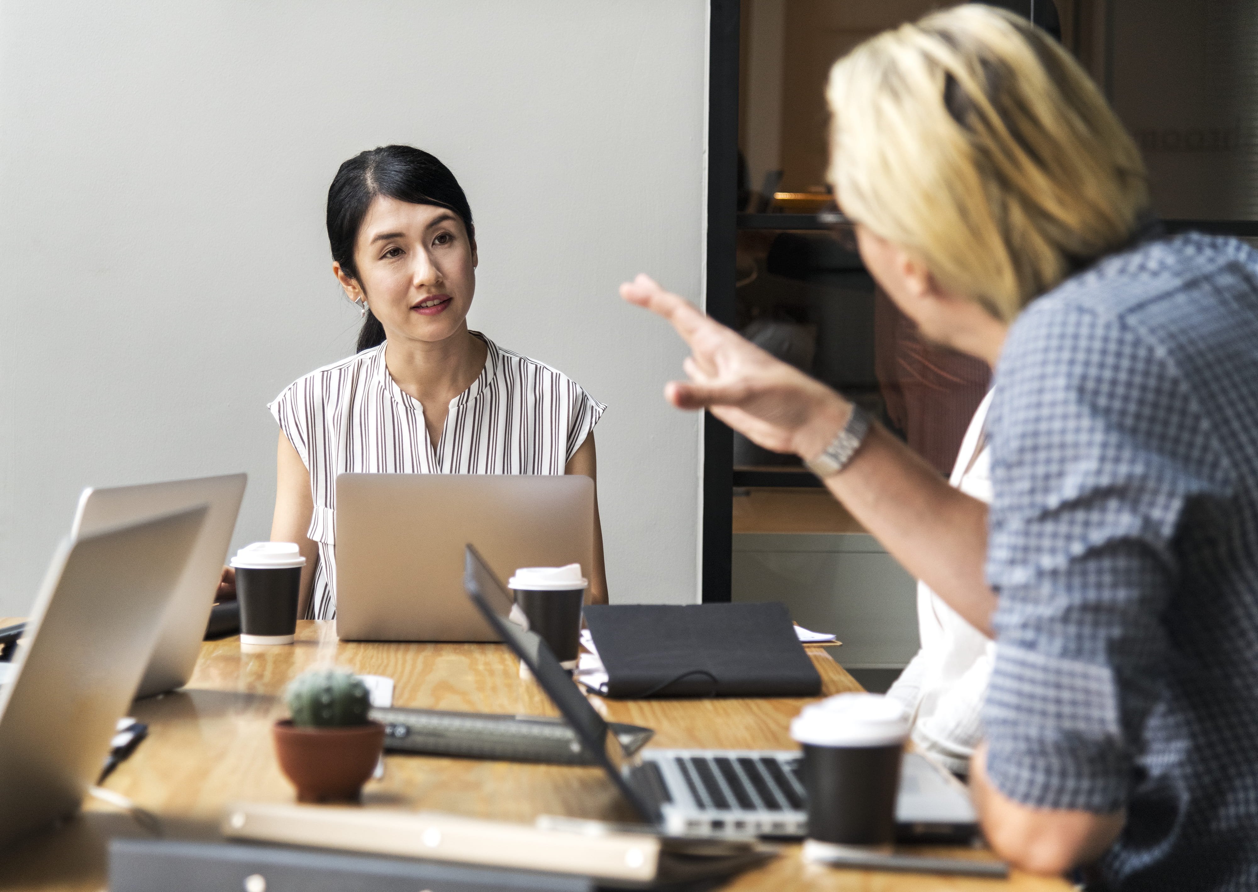 laptop, discussion, coworker, talking, using laptop, silver, business, food and drink, serious, employee, connection, indoors, asking, listening, business person, HD Wallpaper