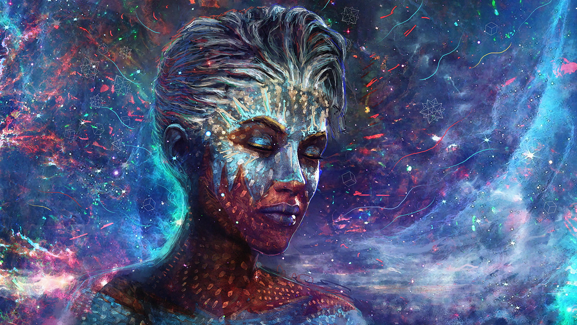 face paint, abstract, beautiful woman, fashion, colorful, art and craft, looking, women, 1080P, multi colored, headshot, space, digital composite, beauty, HD Wallpaper