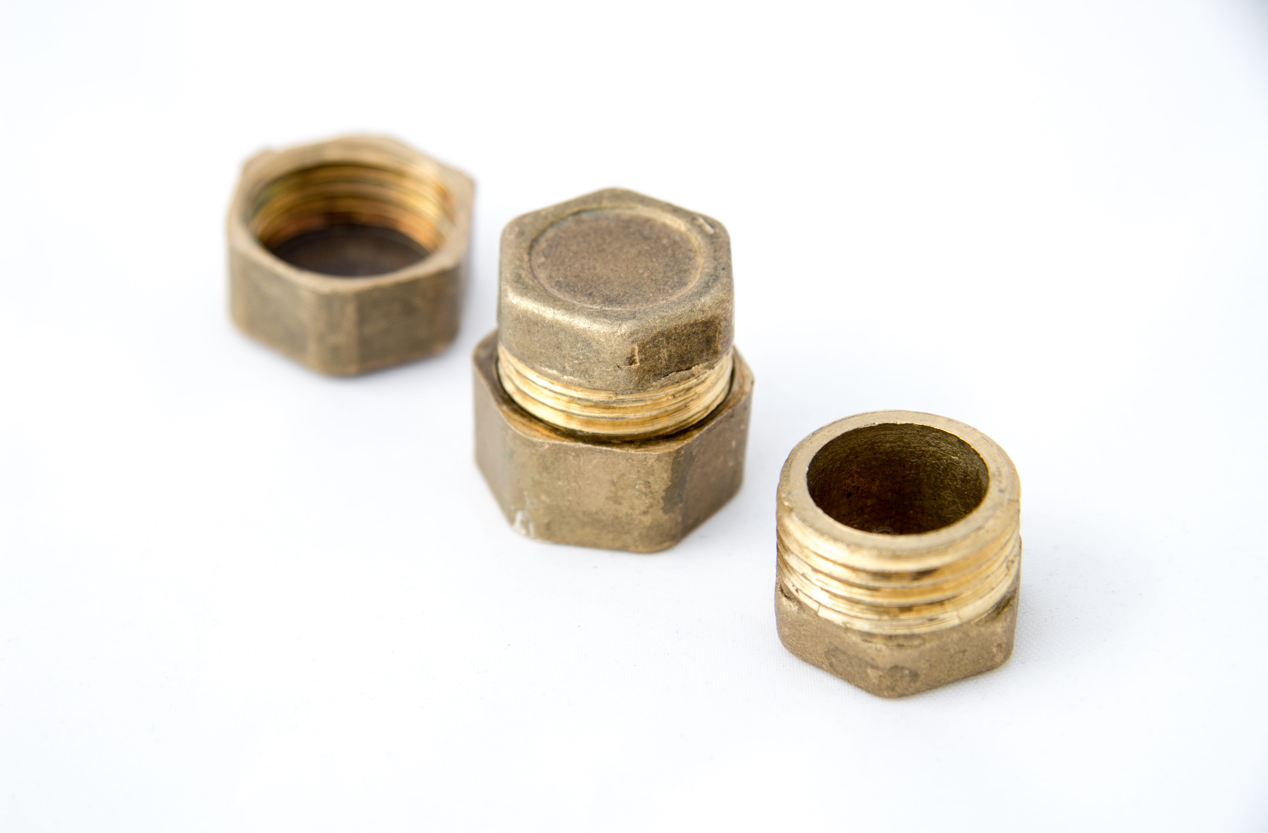 brass, cut out, small group of objects, hexahedron, water pipes, bolt, close-up, Technique, circle, white background, high angle view, group of objects, HD Wallpaper