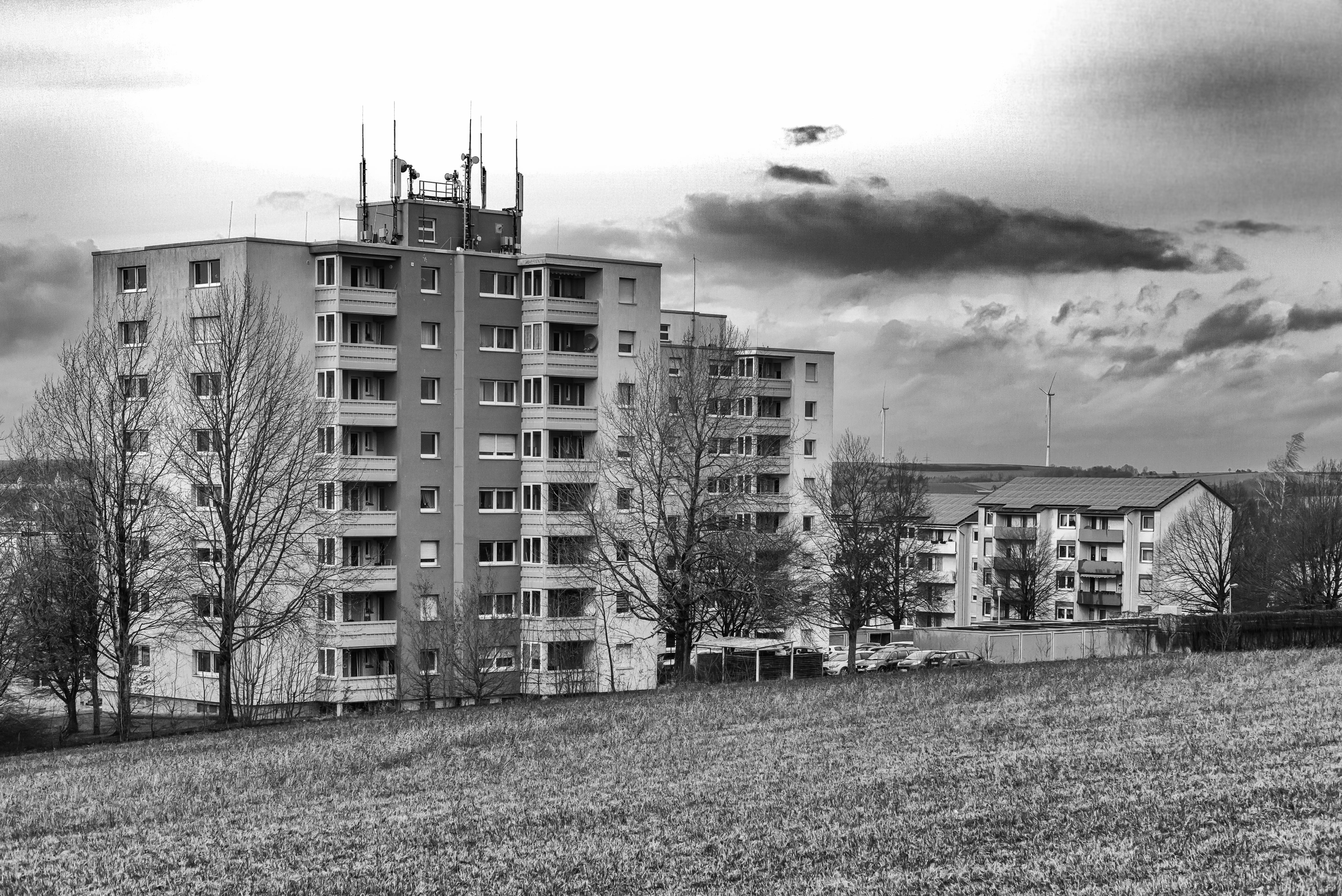 environment, house, sky, land, bare tree, city, at right angles, residential district, plant, grass, cloud - sky, contemporary, block of flats, industry, HD Wallpaper