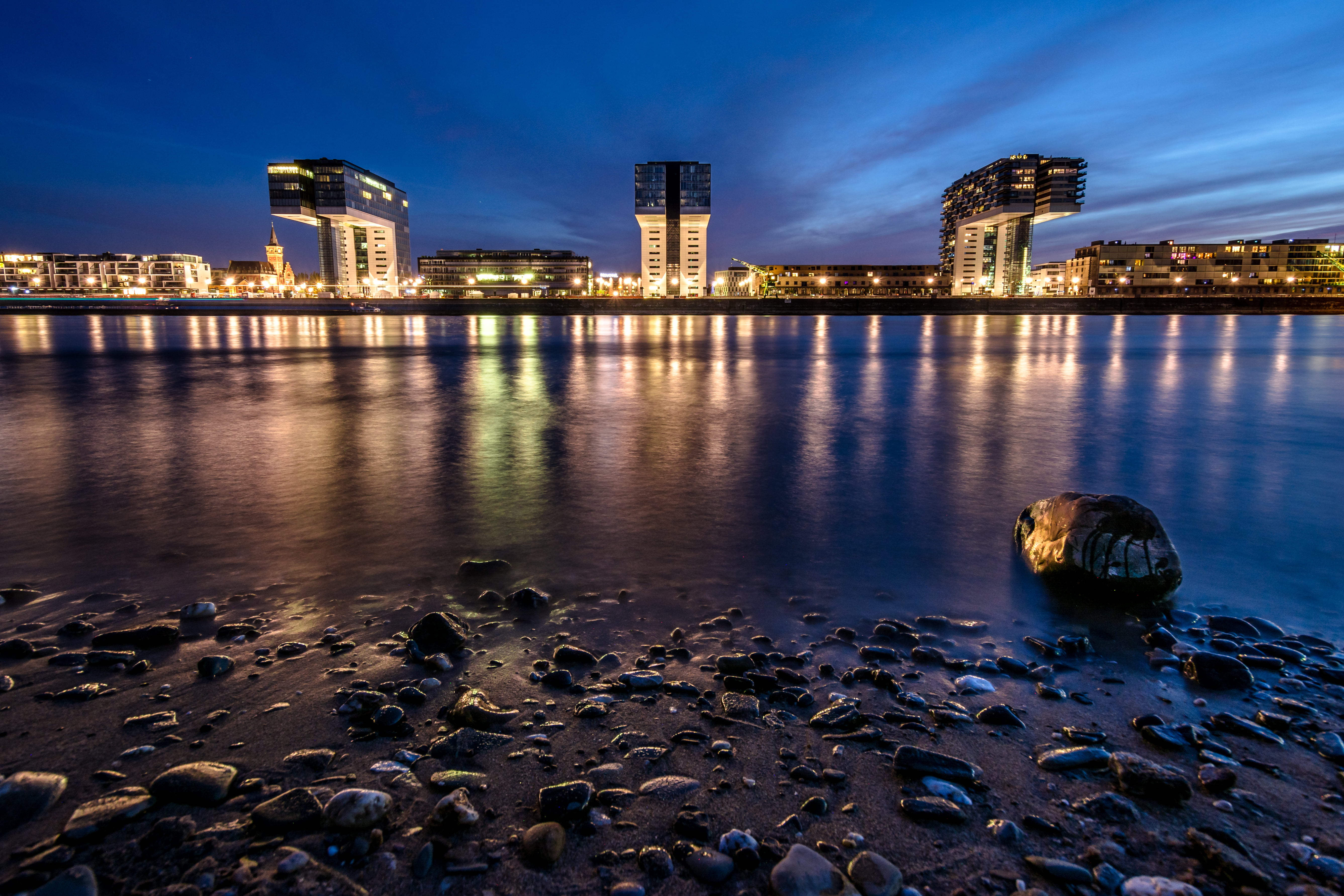 water, Deutschland, Germany, urban Scene, near, reflective, Blue Hour, famous Place, body, Rheinauhafen, dusk, Köln, Angles, body of water, urban Skyline, HD Wallpaper