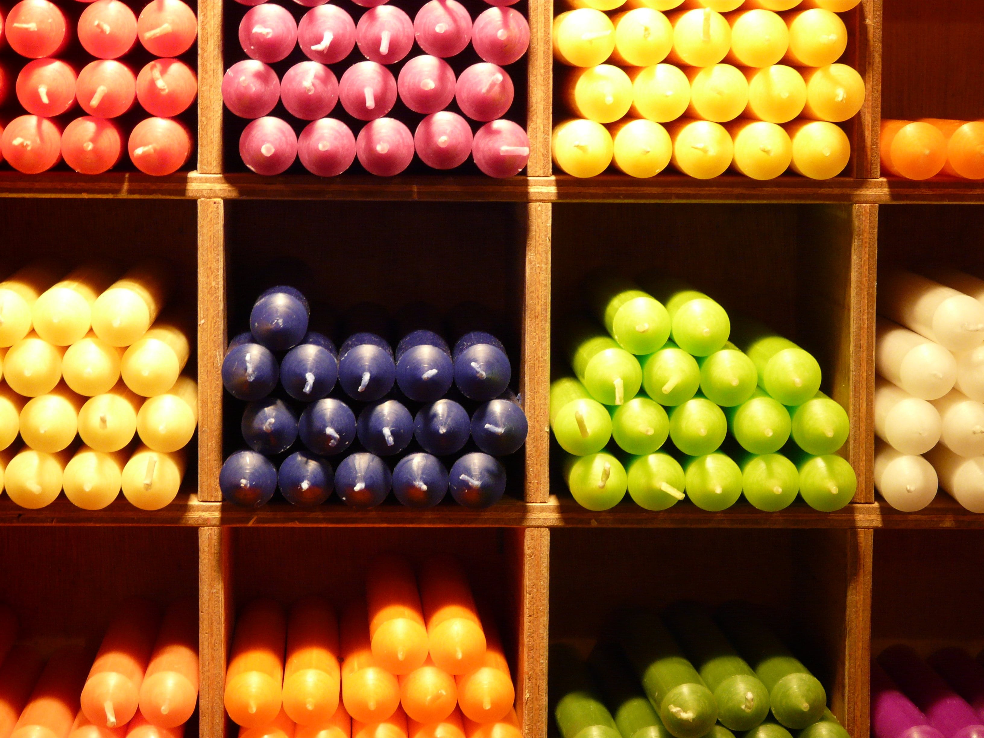 retail, close-up, wax, food, color, indoors, healthy eating, in a row, variation, abundance, light, sale, 2K, order, burn, container, colorful, collection, HD Wallpaper