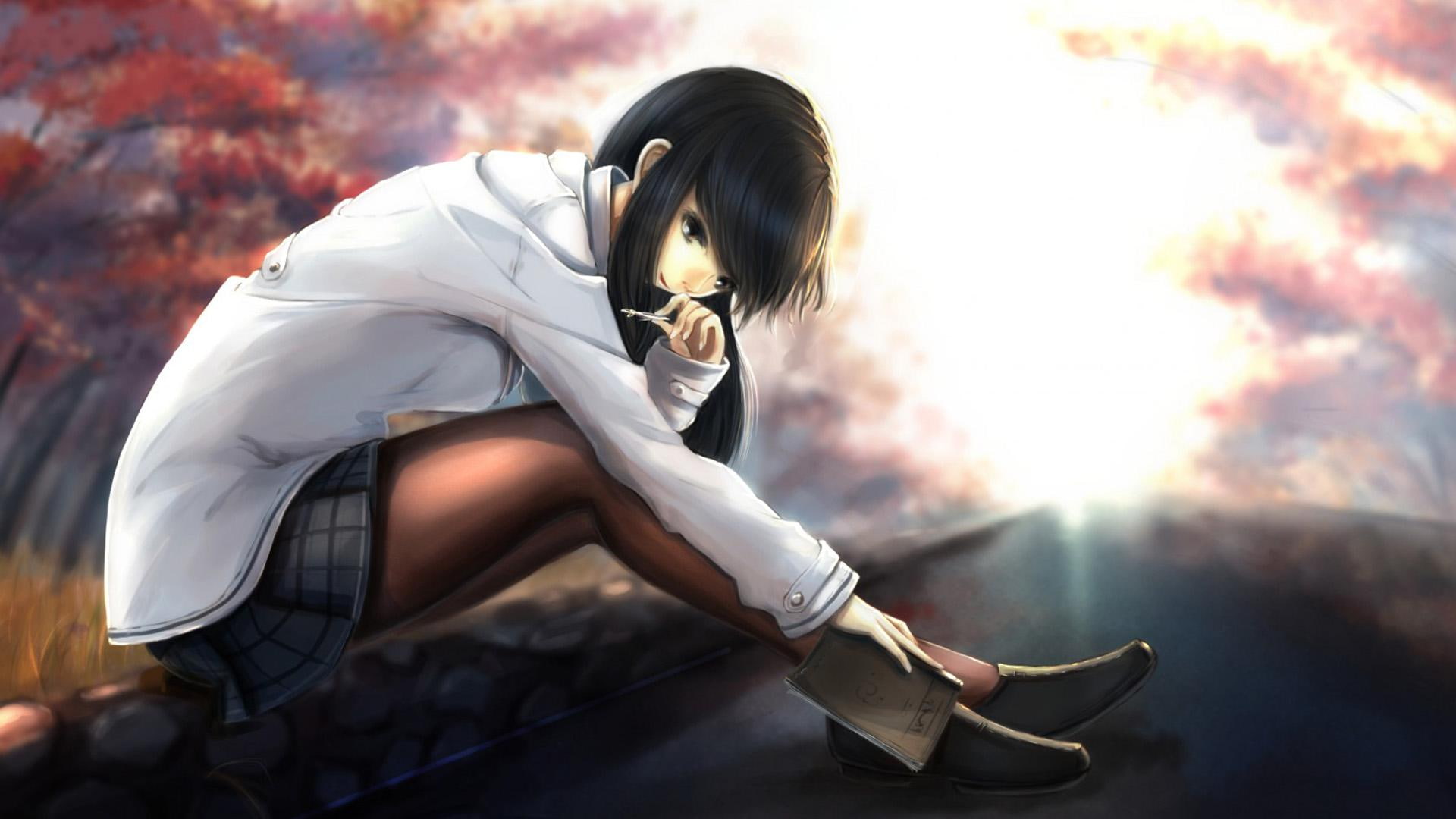 sitting, 1080P, eyes, smile, potential, anime, sitting potential, girl, HD Wallpaper