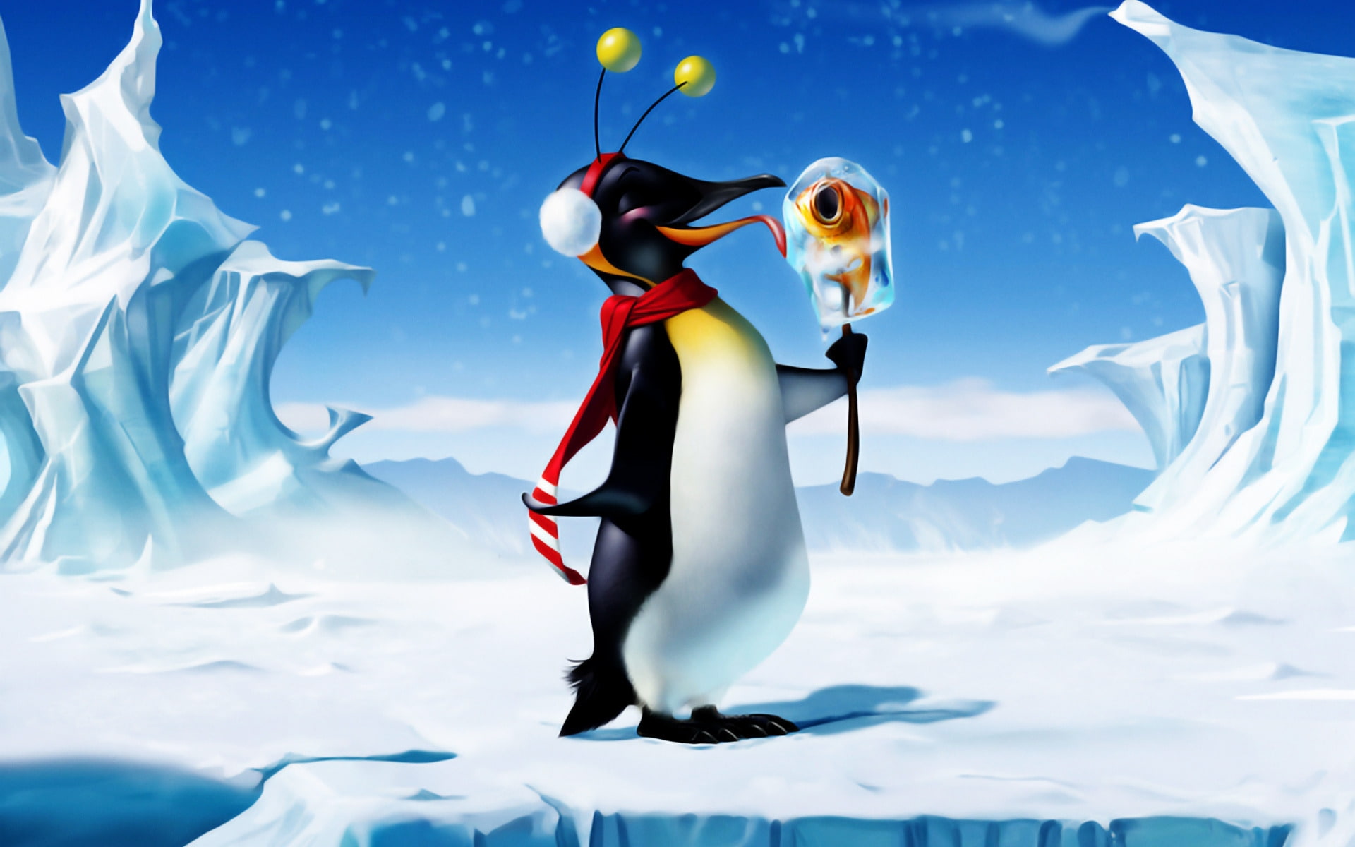 tassels, penguin, fish, dressed, icebergs, illustration, holding, red, hat, smiling, candy fish, 1080P, HD Wallpaper