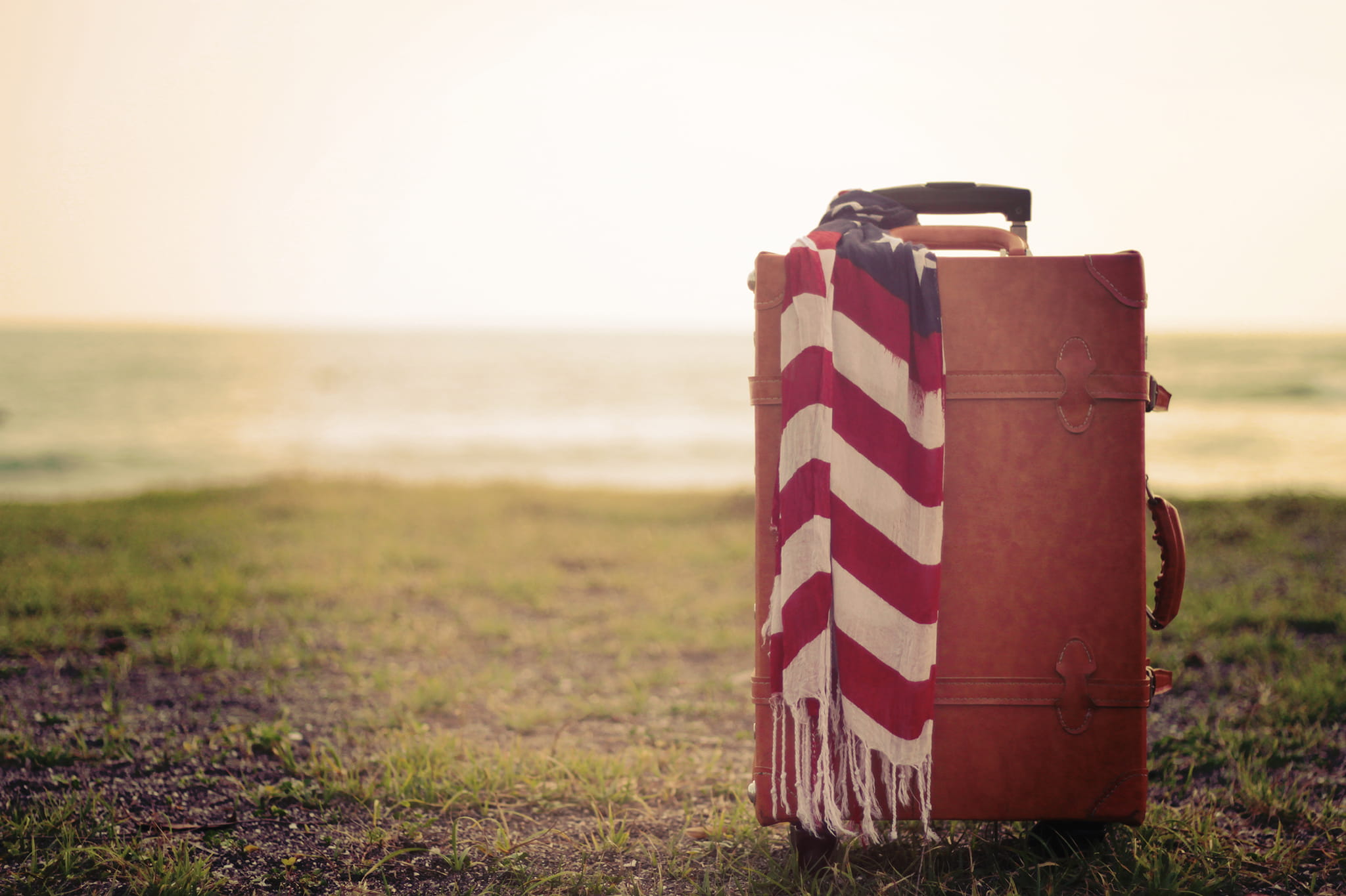 summer, luggage, no People, field, beach, focus on foreground, sky, horizon, horizon over water, hard, grass, outdoors, scarf, brown, tradition, red, patriotism, HD Wallpaper