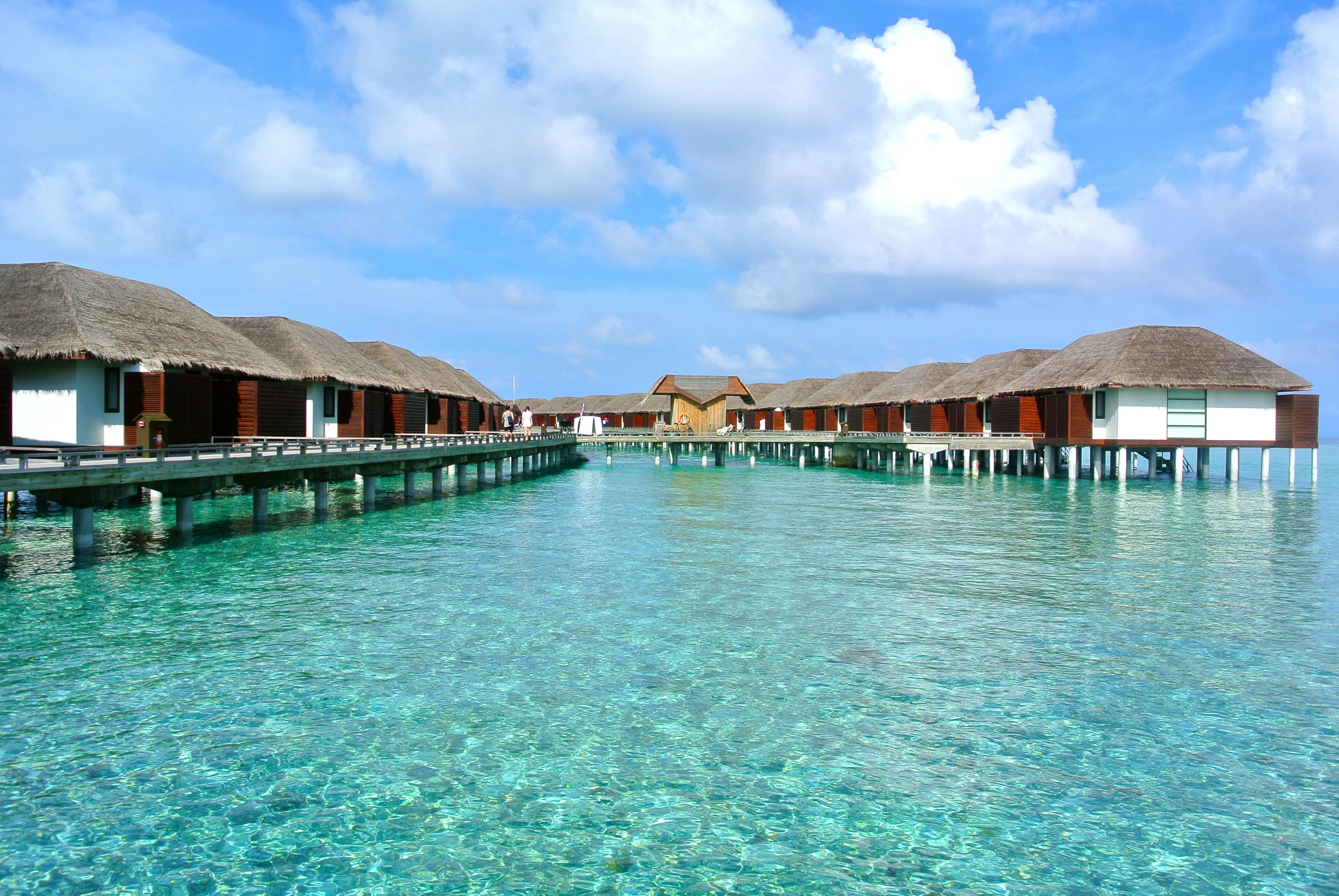 thatched roof, body, swimming pool, resort, house, 4K, sky, waterfront, travel destinations, day, calm, building exterior, architecture, cloud - sky, sea, HD Wallpaper