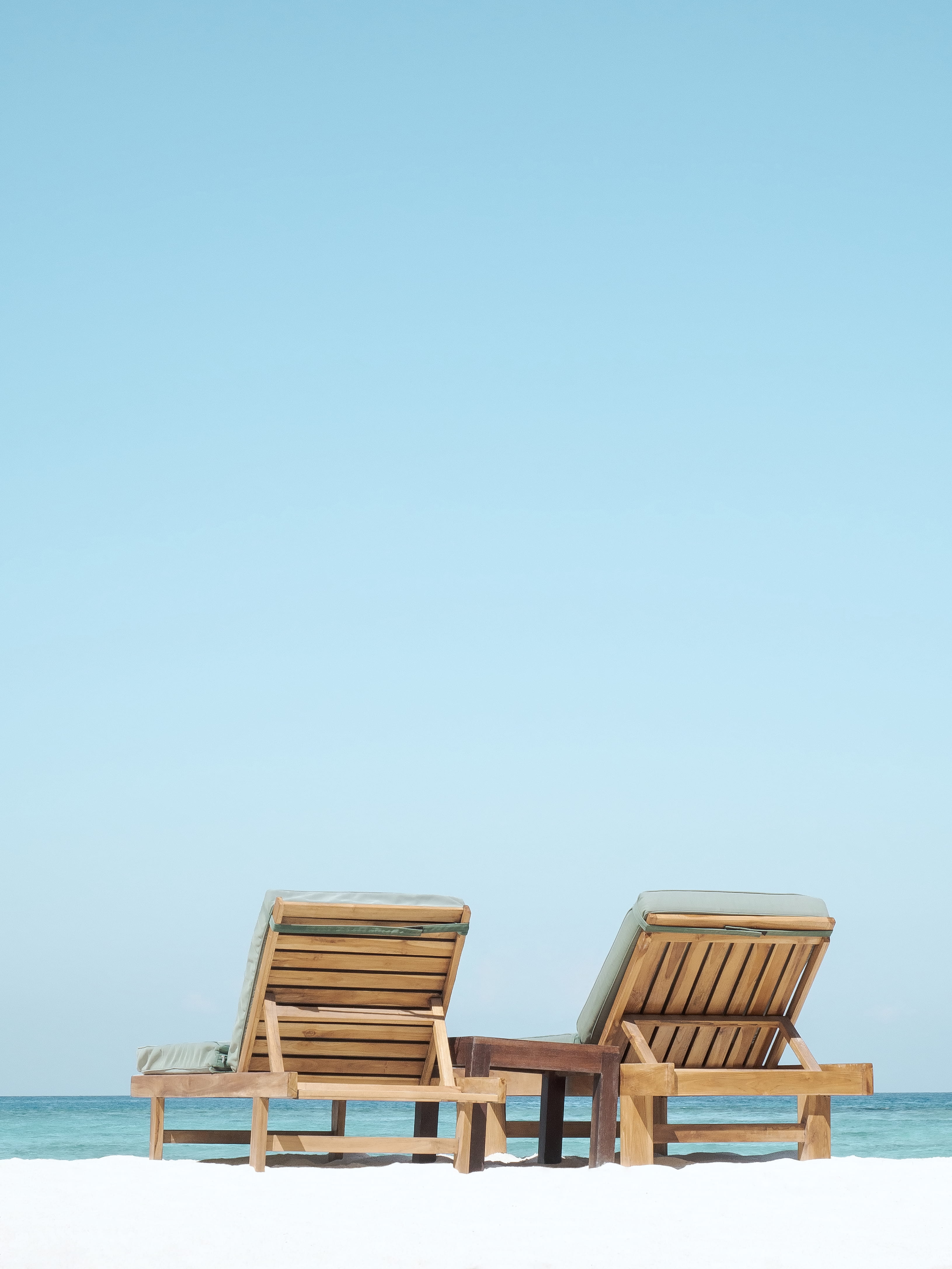 sun lounger, sky, brown, wooden, outdoor, scenics - nature, tranquil scene, relax, beauty in nature, horizon over water, clear sky, no people, blue, wood - material, Phone HD Wallpaper