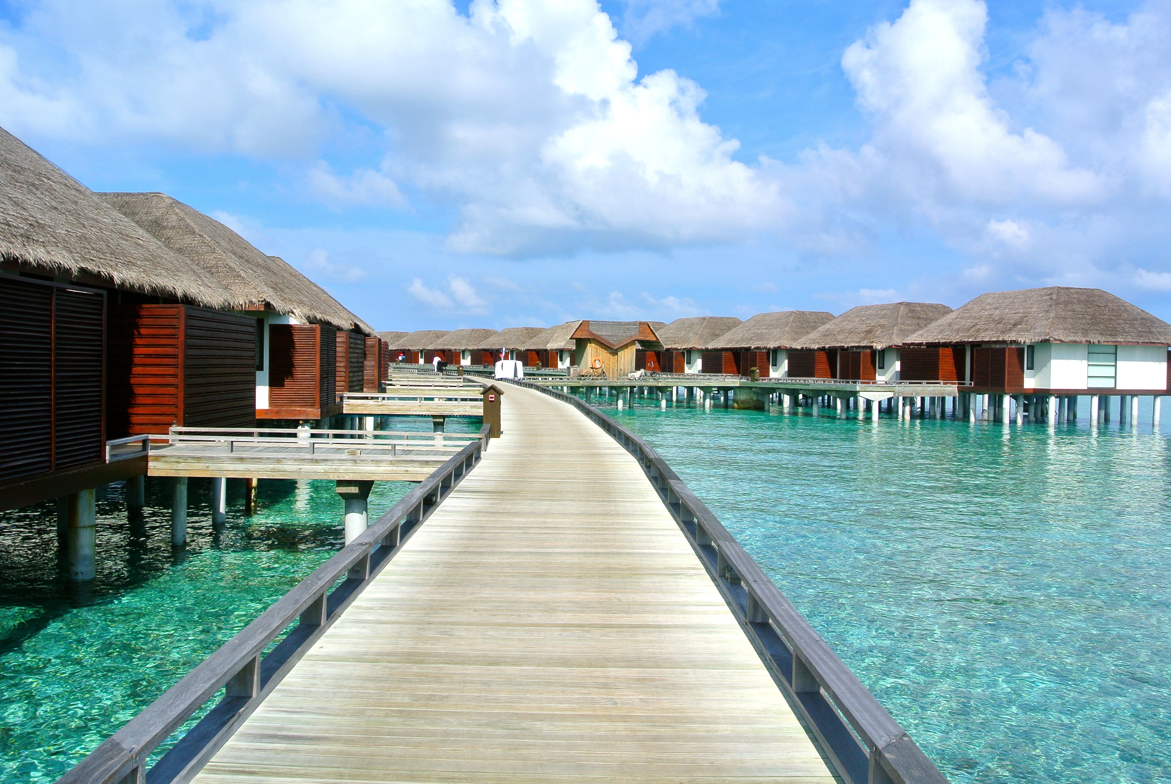 architecture, nature, vacations, holiday, blue, swimming pool, island, jetty, outdoors, 4K, clear water, photograph, dock, pier, building exterior, tourist Resort, HD Wallpaper
