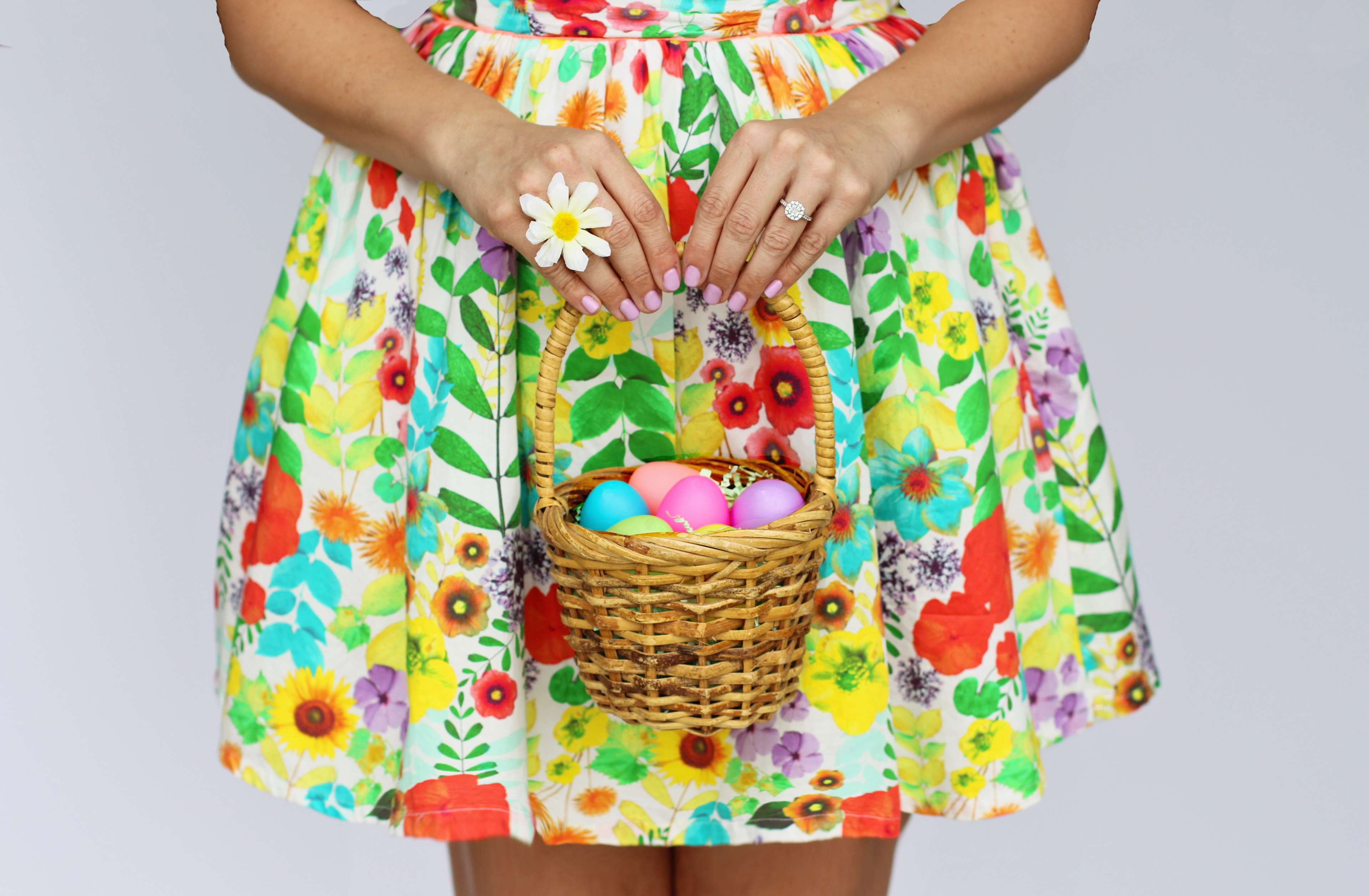 grass, easter egg hunt, one person, front view, human hand, white background, container, colorful, floral pattern, basket, seasonal, easter, food and drink, HD Wallpaper