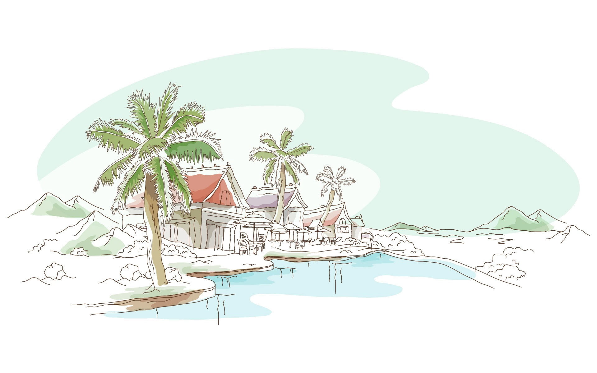 illustration, table, island, creativity, painting, computer Graphic, coconut Palm Tree, relaxation, vector, coastline, landscape, seascape, food, plant part, HD Wallpaper