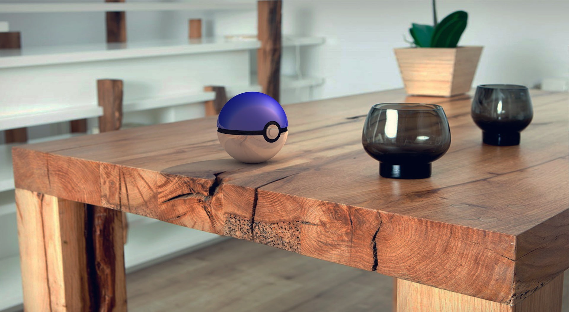 indoors, focus on foreground, water, high angle view, still life, chair, Pokeball, glass, Table, Artistic, 3D, potted plant, seat, household equipment, HD Wallpaper