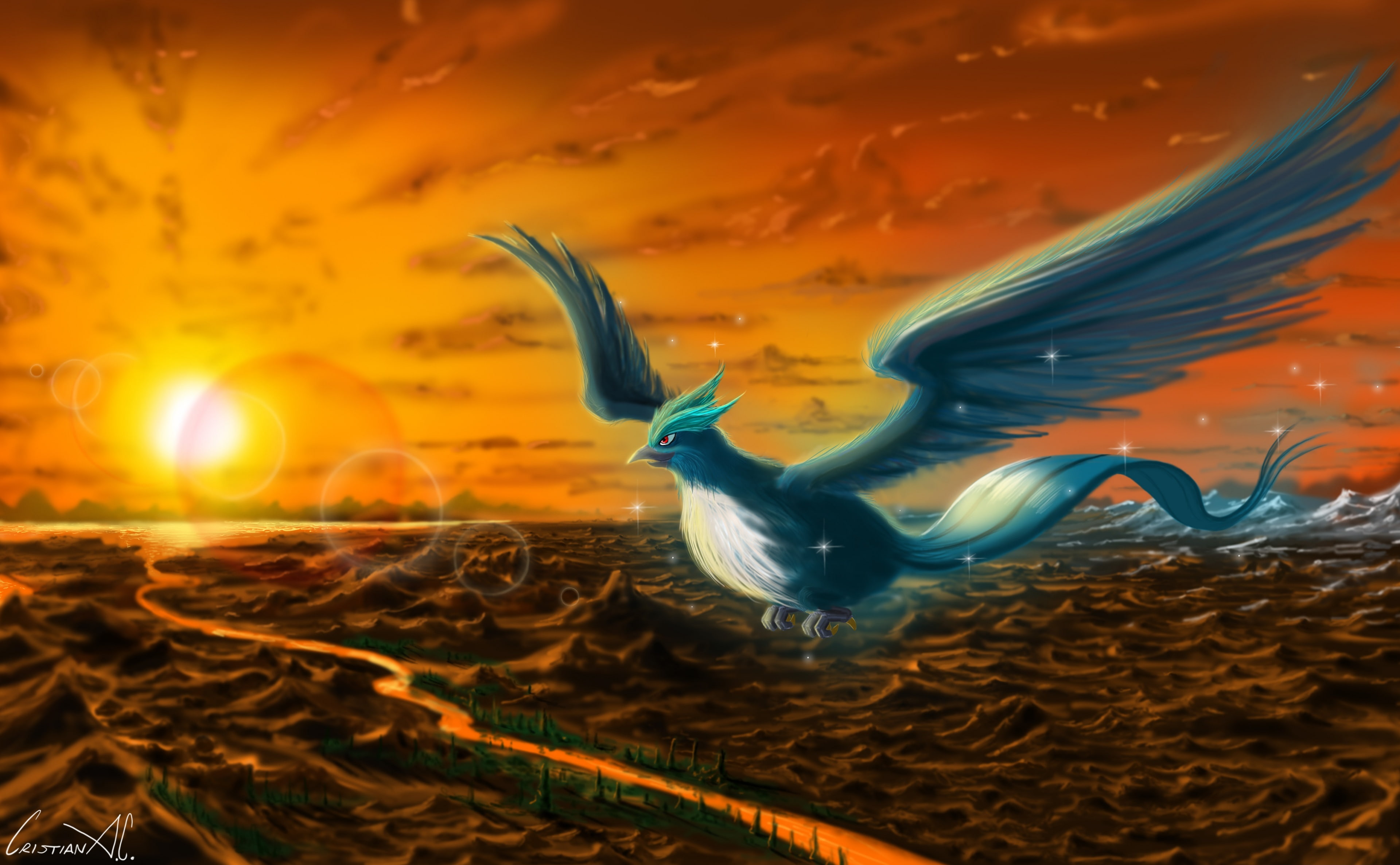 4K, pattern, sunset, Articuno, illuminated, Bird, glowing, art and craft, close-up, water, splashing, ink, Other Games, abstract, creativity, HD Wallpaper