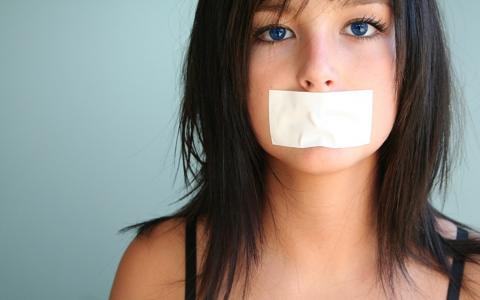 blue, taped, x, hair, brunettes, hd, eyes, art, women, black, 720P, faces, people, duct, tape, HD Wallpaper