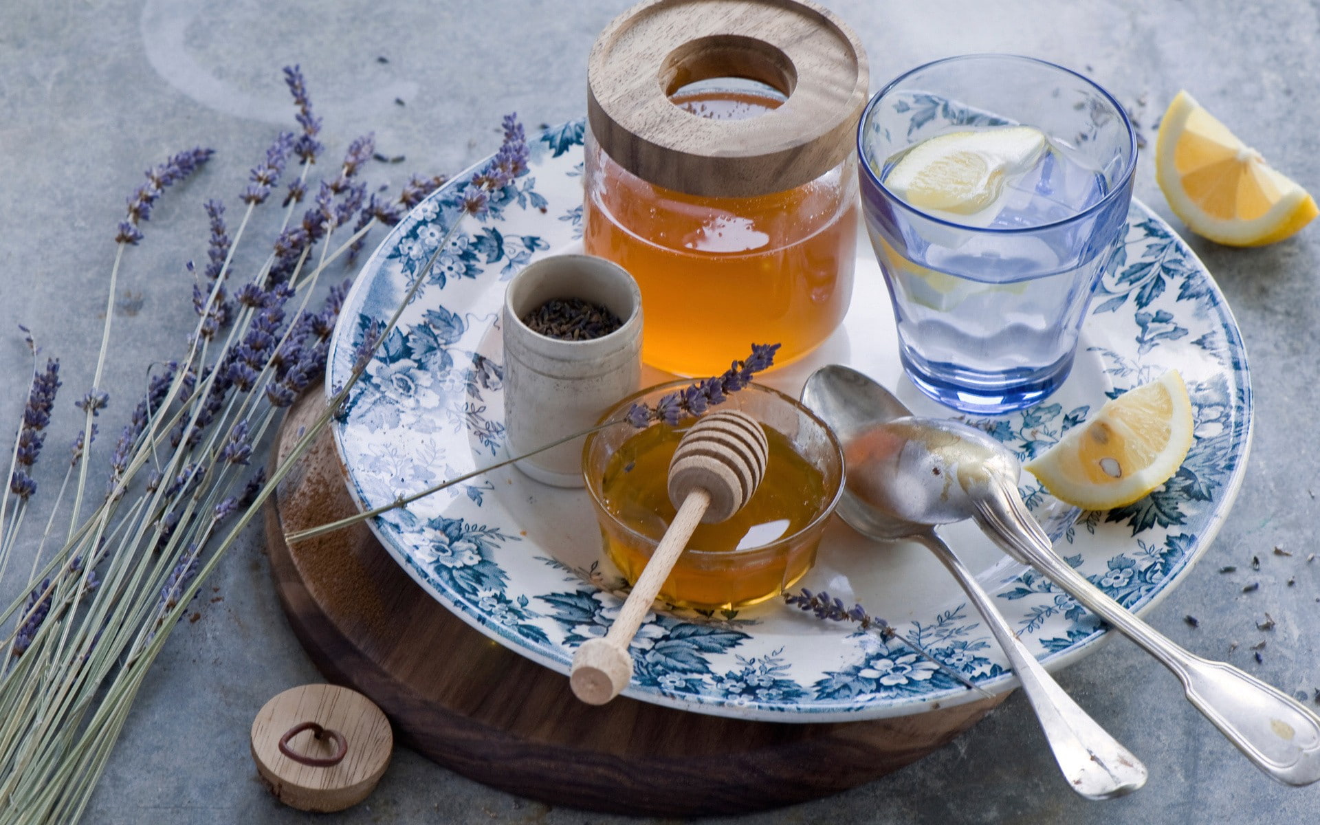 1080P, honey, cutlery, lavender, lunch, lemons, food, HD Wallpaper