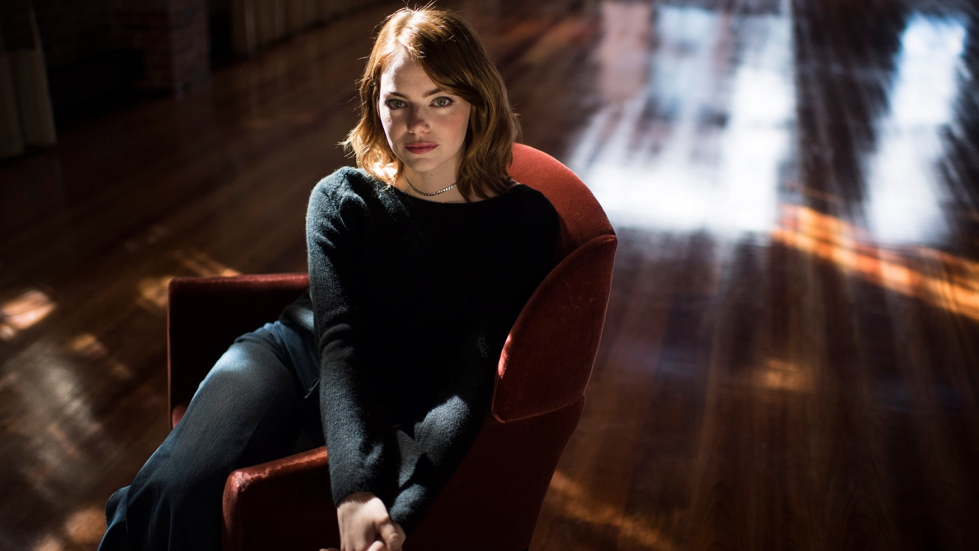 adult, armchair, hairstyle, actress, redhead, front view, young women, beauty, lifestyles, wood, one person, beautiful woman, Emma Stone, young adult, sitting, HD Wallpaper
