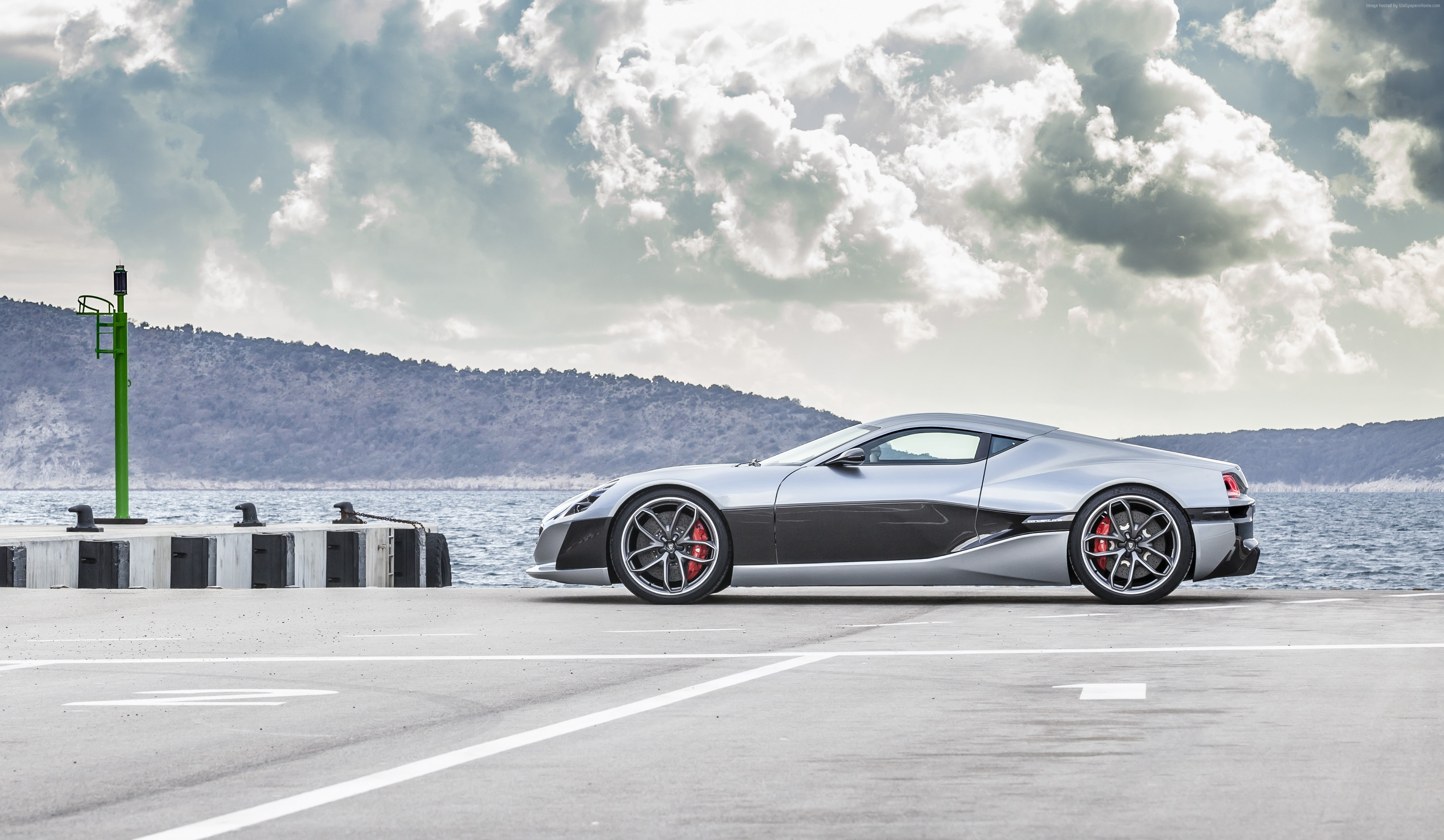4K, supercar, road, outdoors, motor vehicle, car, water, wheel, sky, land vehicle, marking, chrome, luxury, day, electric cars, racecar, Rimac Concept 1, HD Wallpaper