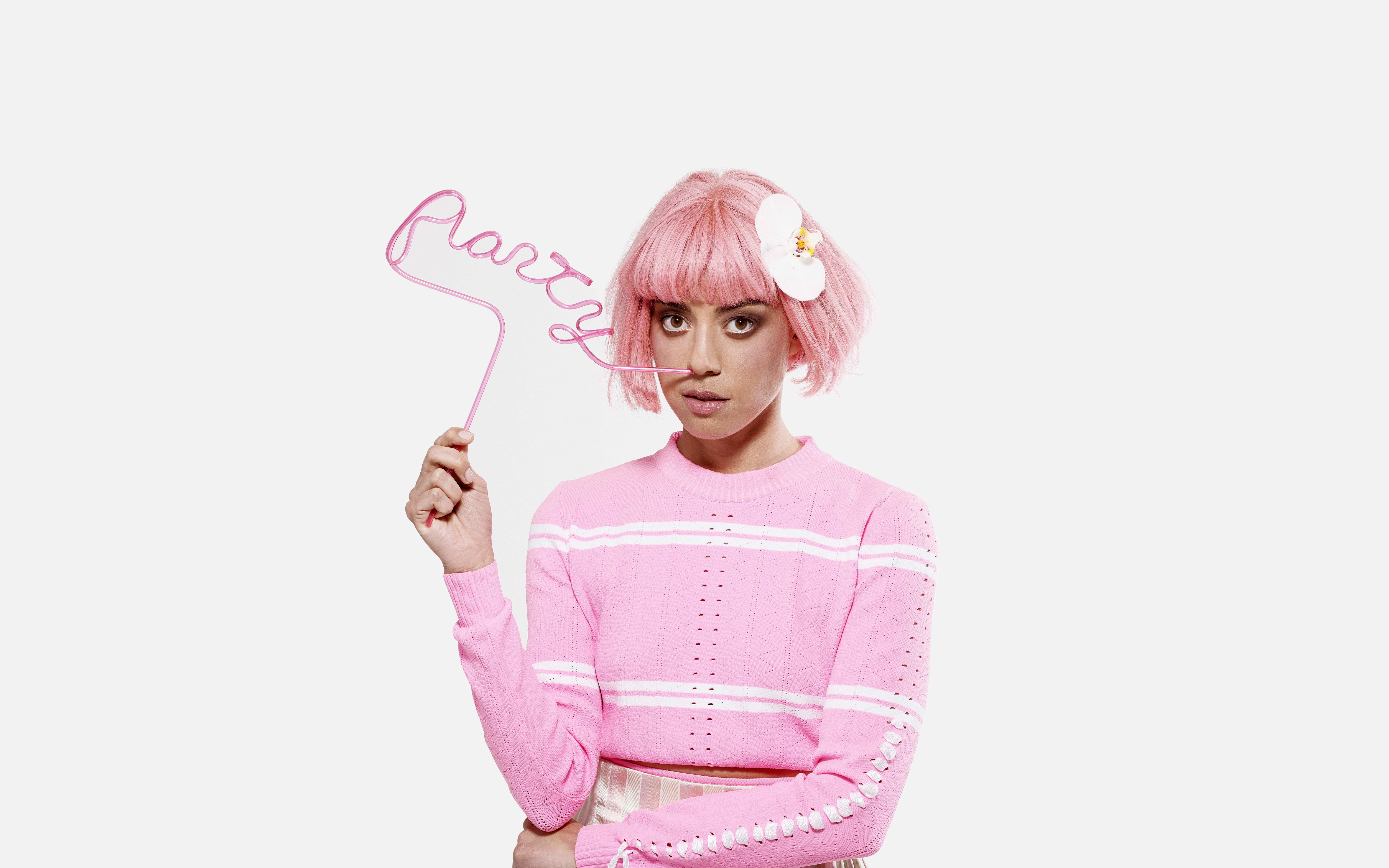 style, photoshoot, makeup, 2017, Scott Council, white background, pink, model, Aubrey Plaza, actress, New York Post, party, 5K, pose, hairstyle, blouse, HD Wallpaper