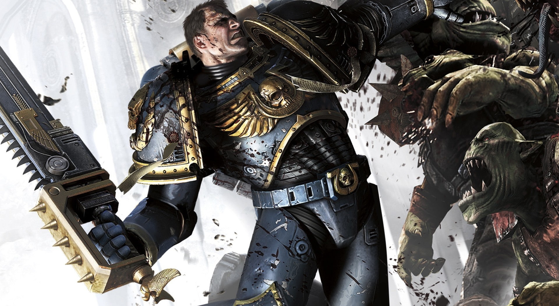 Games, d, architecture, weapon, character, men, indoors, knight - person, young men, Marine, Warhammer, creativity, protection, suit of armor, Combat, 1080P, HD Wallpaper