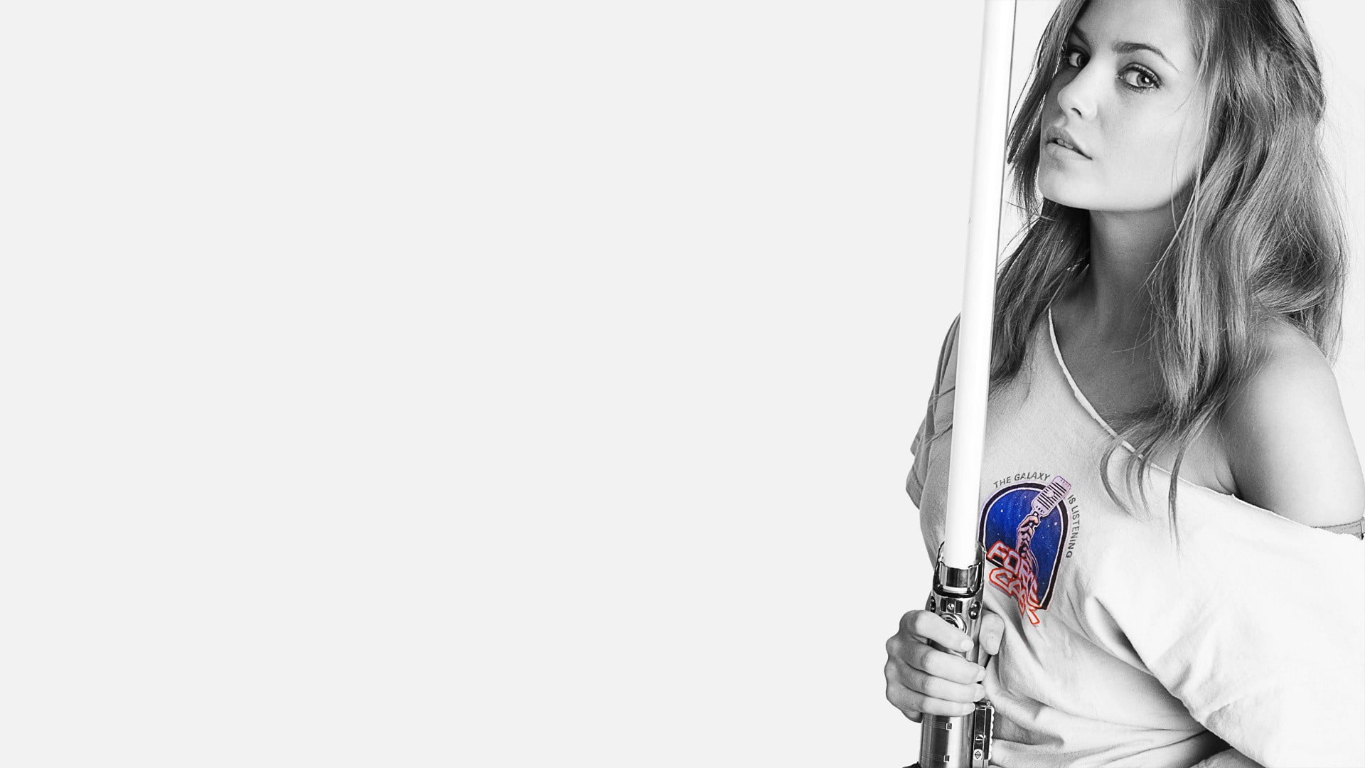 photography, 1080P, hairstyle, young women, grayscale, model, studio shot, copy space, beauty, Nicole Whittaker, white background, Star Wars, woman, adult, HD Wallpaper