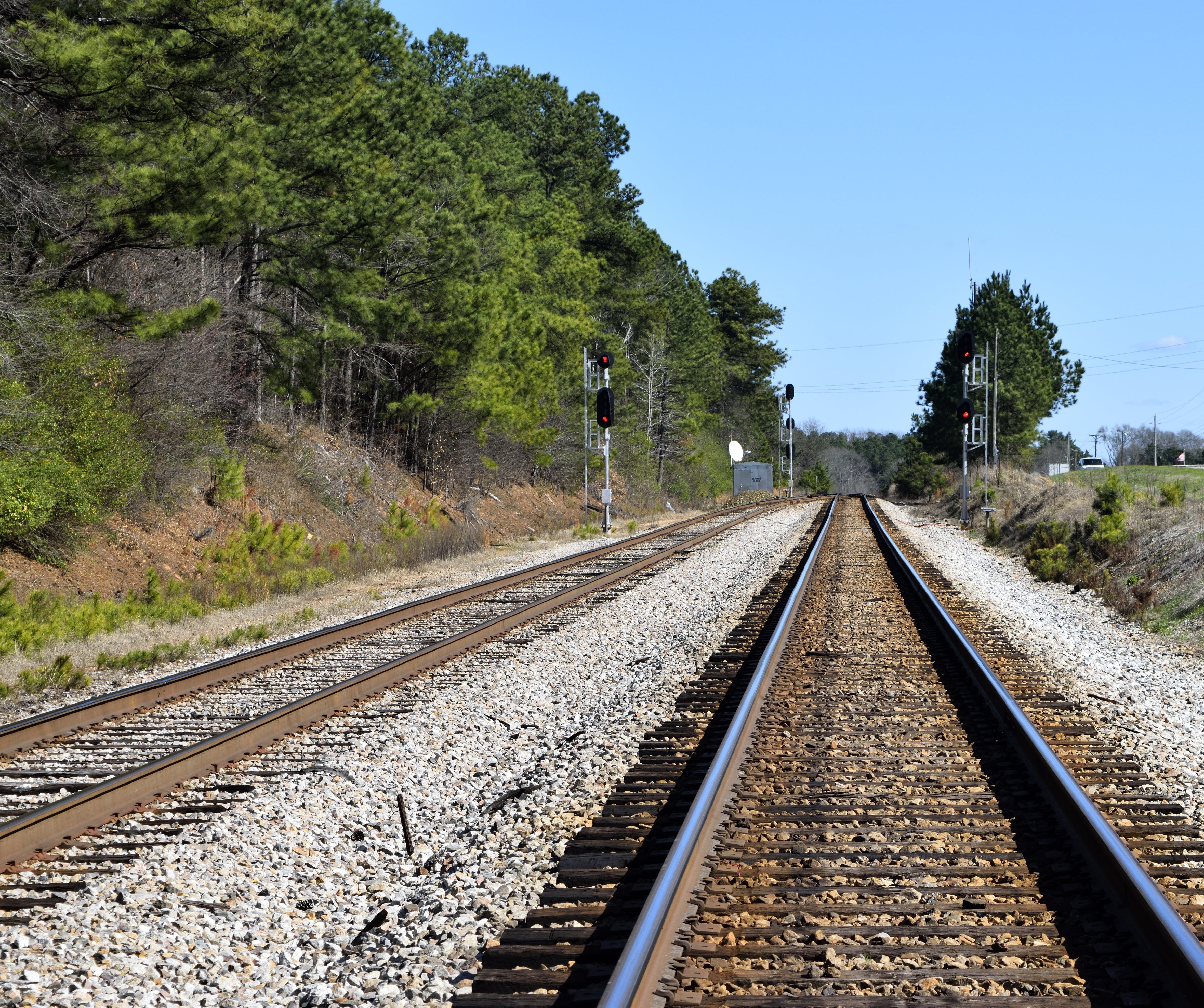 direction, way, tracks, tree, diminishing perspective, parallel, travel, industry, no people, mode of transportation, empty, clear sky, locomotive, long, HD Wallpaper